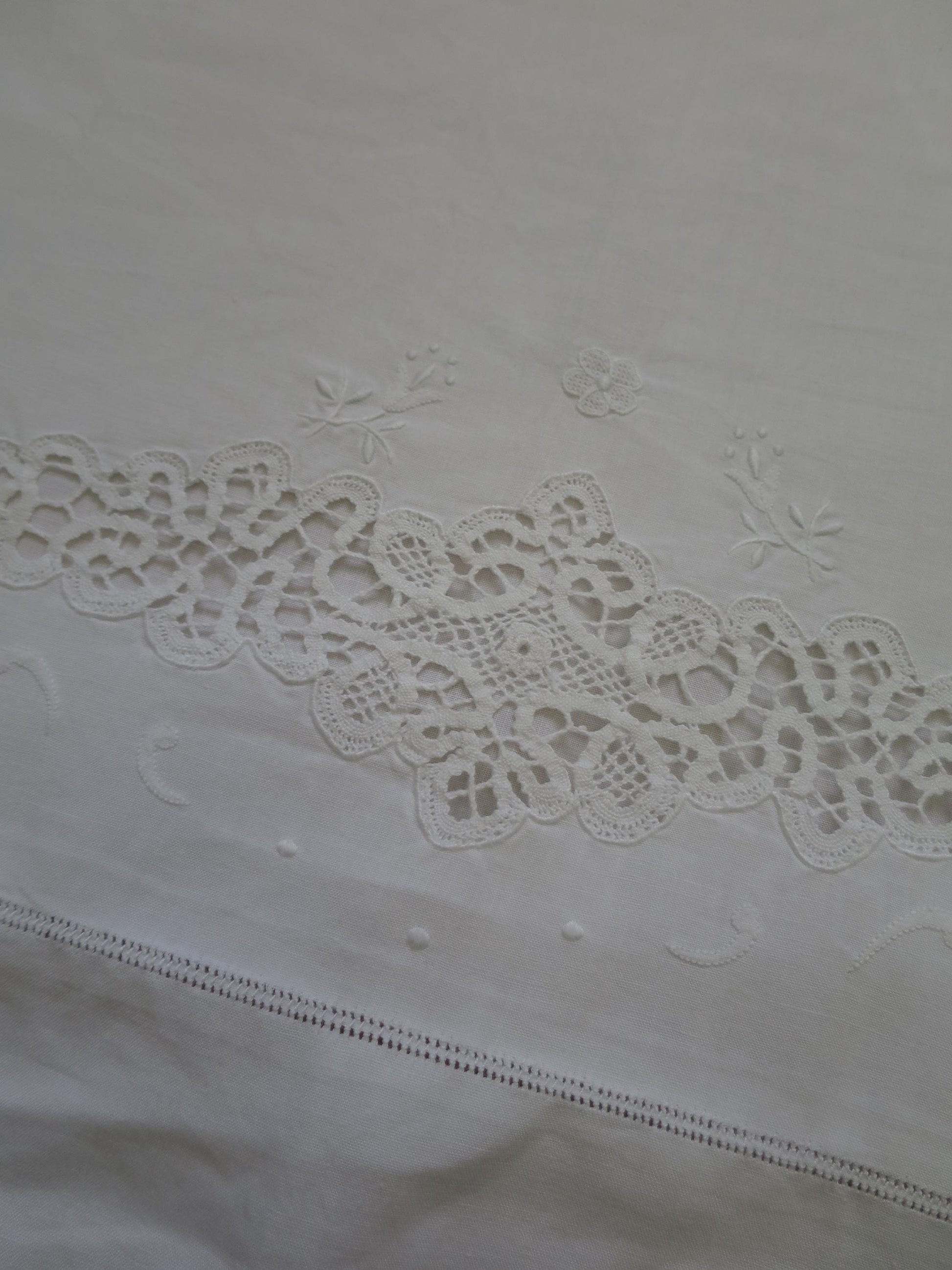 Antique Irish Linen Pair of Pillow Slips- Hand Embroidery & Bobbin Lace Inserts