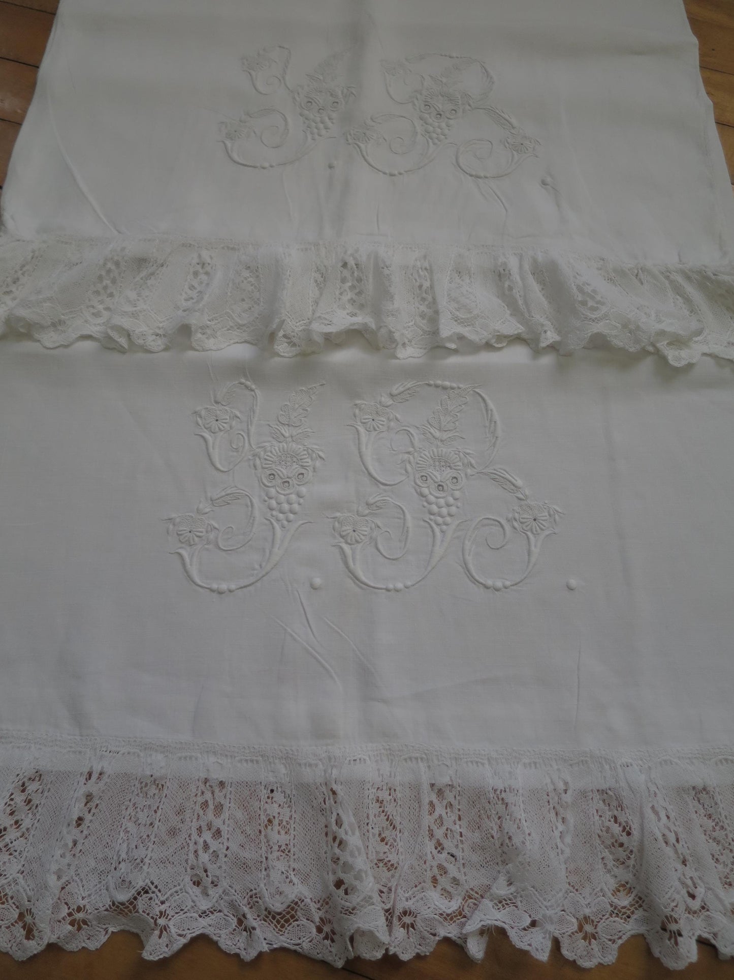 Antique Irish Linen Pair of Pillow Slips- Bobbin Lace & Hand Embroidered Monogram Y R
