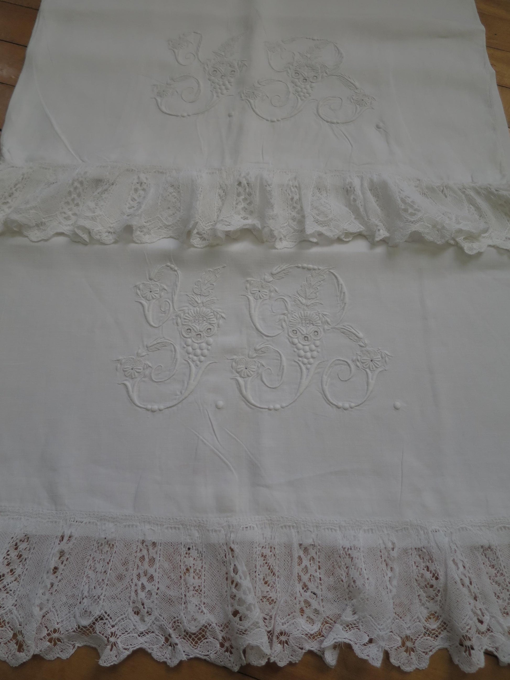 Antique Irish Linen Pair of Pillow Slips- Bobbin Lace & Hand Embroidered Monogram Y R