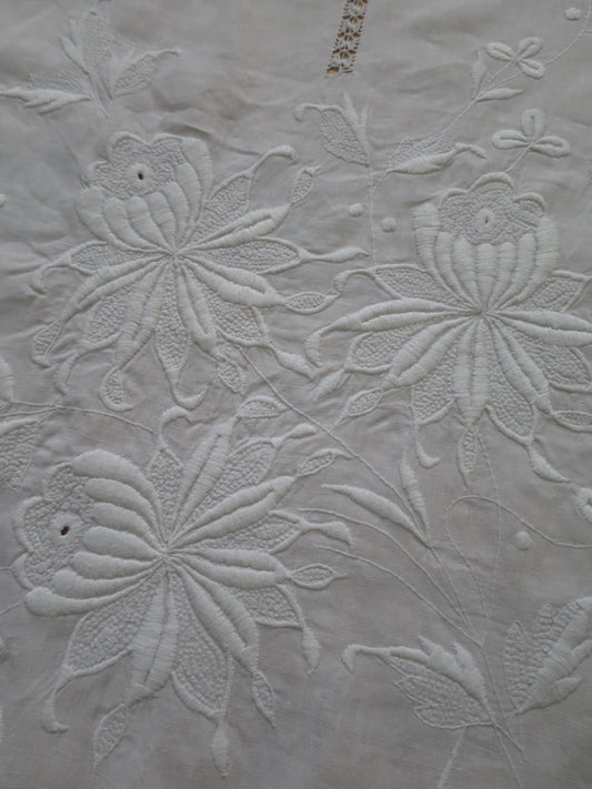 Antique Victorian Irish Linen Bedspread- Whitework Embroidery & Drawn Thread Work