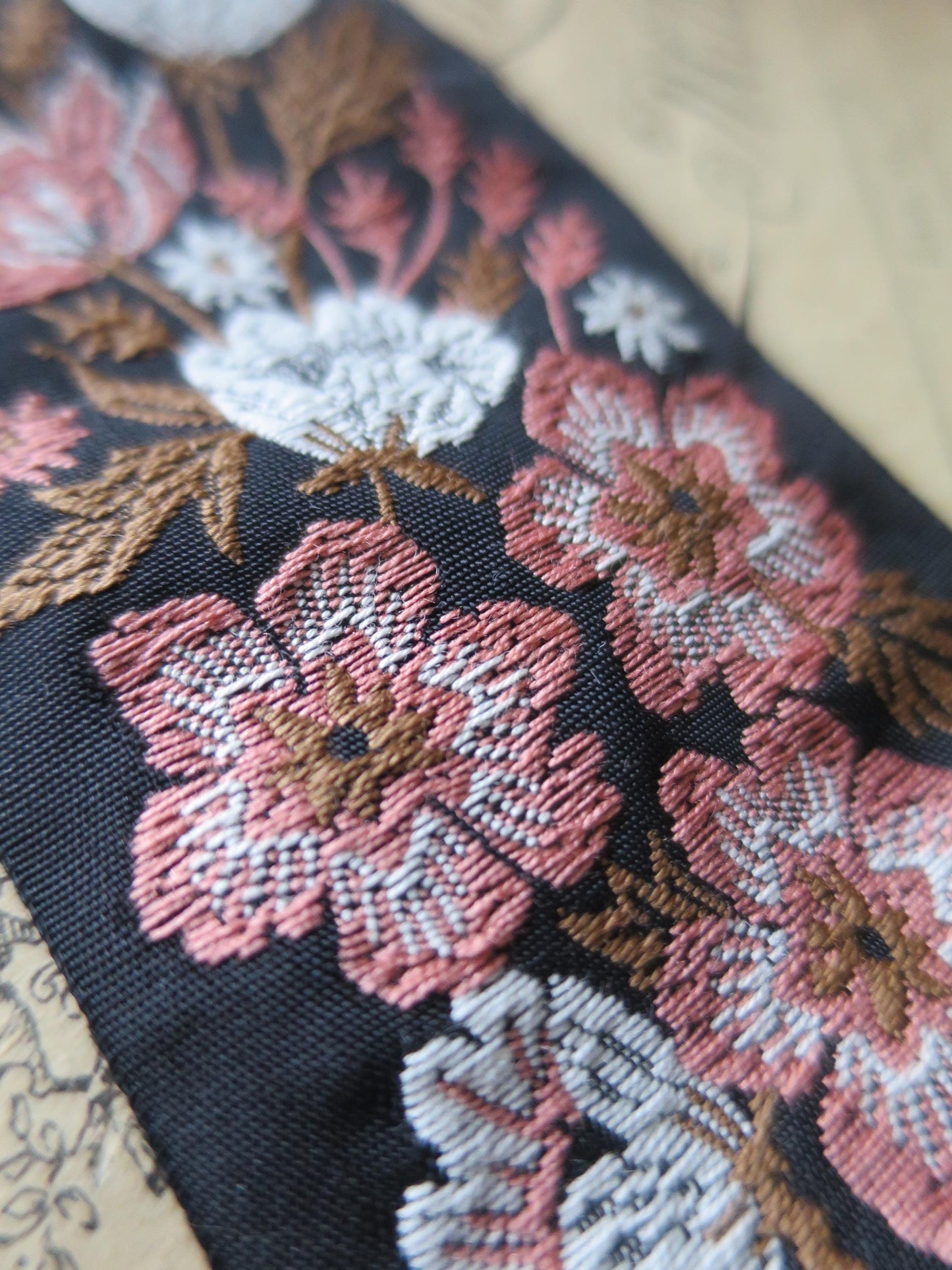 Meadow Flowers 50 mm Jacquard Woven Ribbon- Pink & Brown