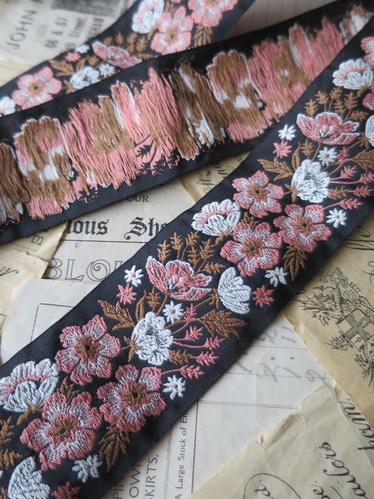 Meadow Flowers 50 mm Jacquard Woven Ribbon- Pink & Brown