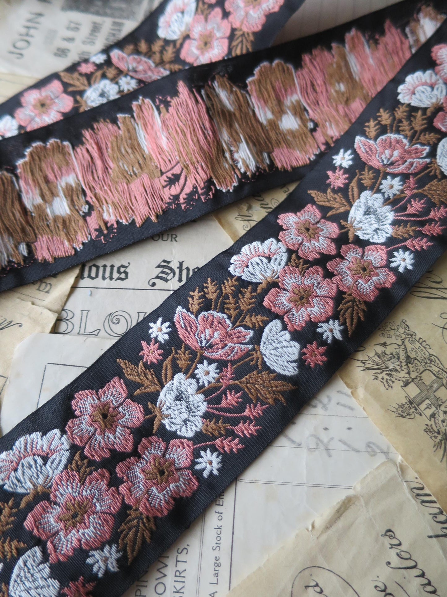 Meadow Flowers 50 mm Jacquard Woven Ribbon- Pink & Brown