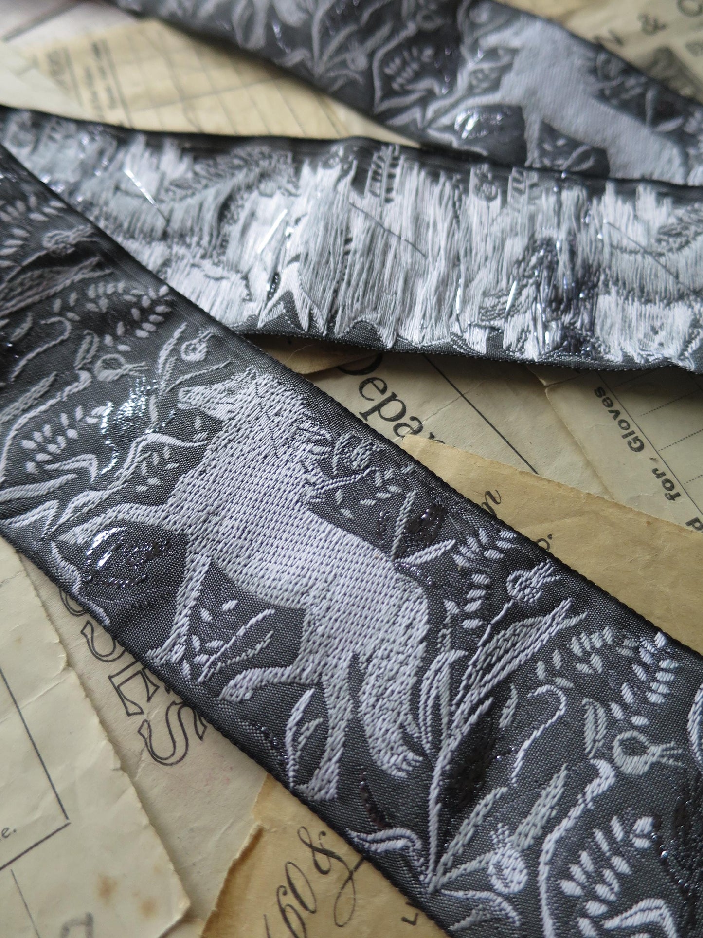 Wild Horses 50 mm Jacquard Woven Ribbon- Grey White & Silver