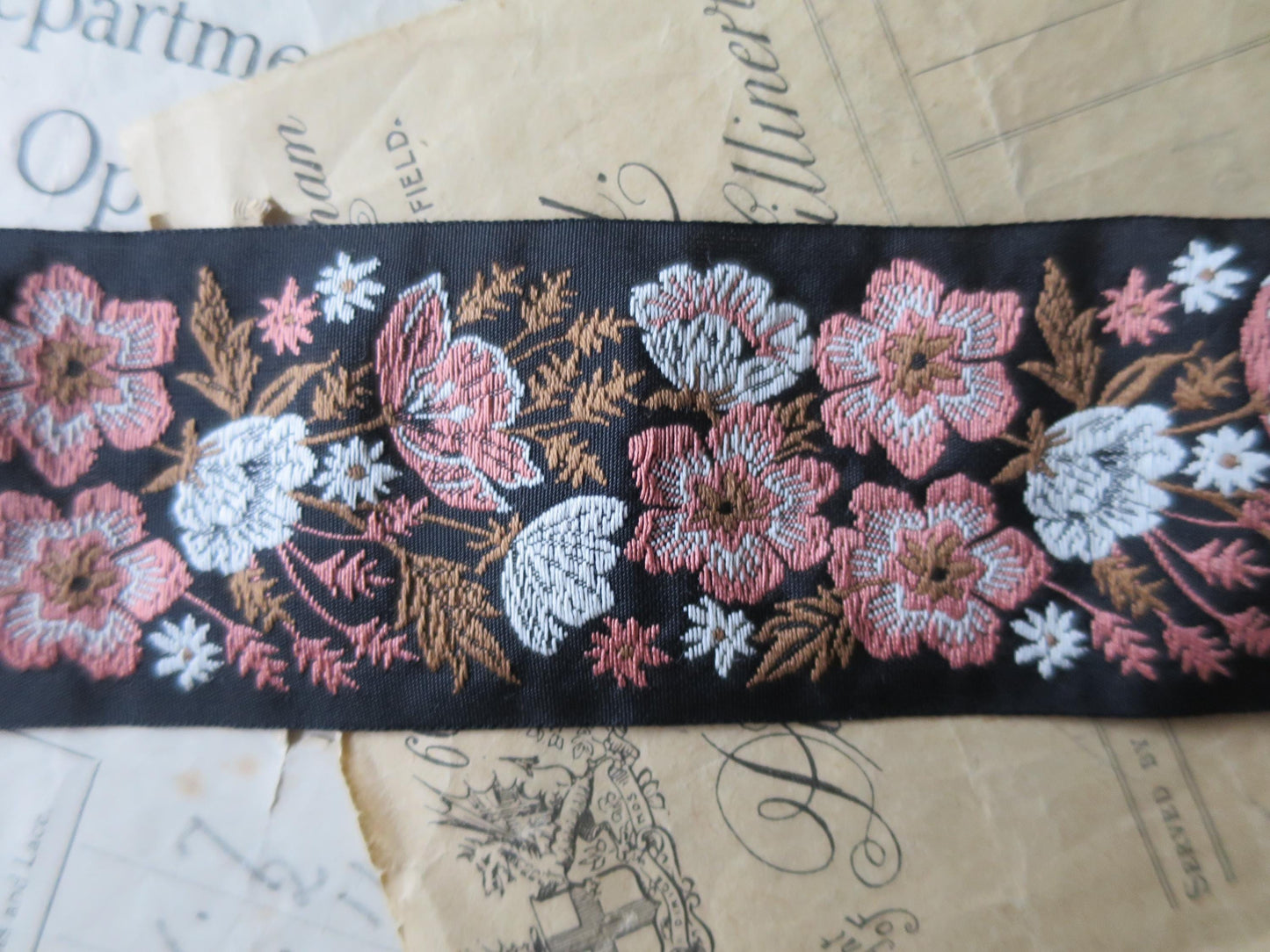 Meadow Flowers 50 mm Jacquard Woven Ribbon- Pink & Brown