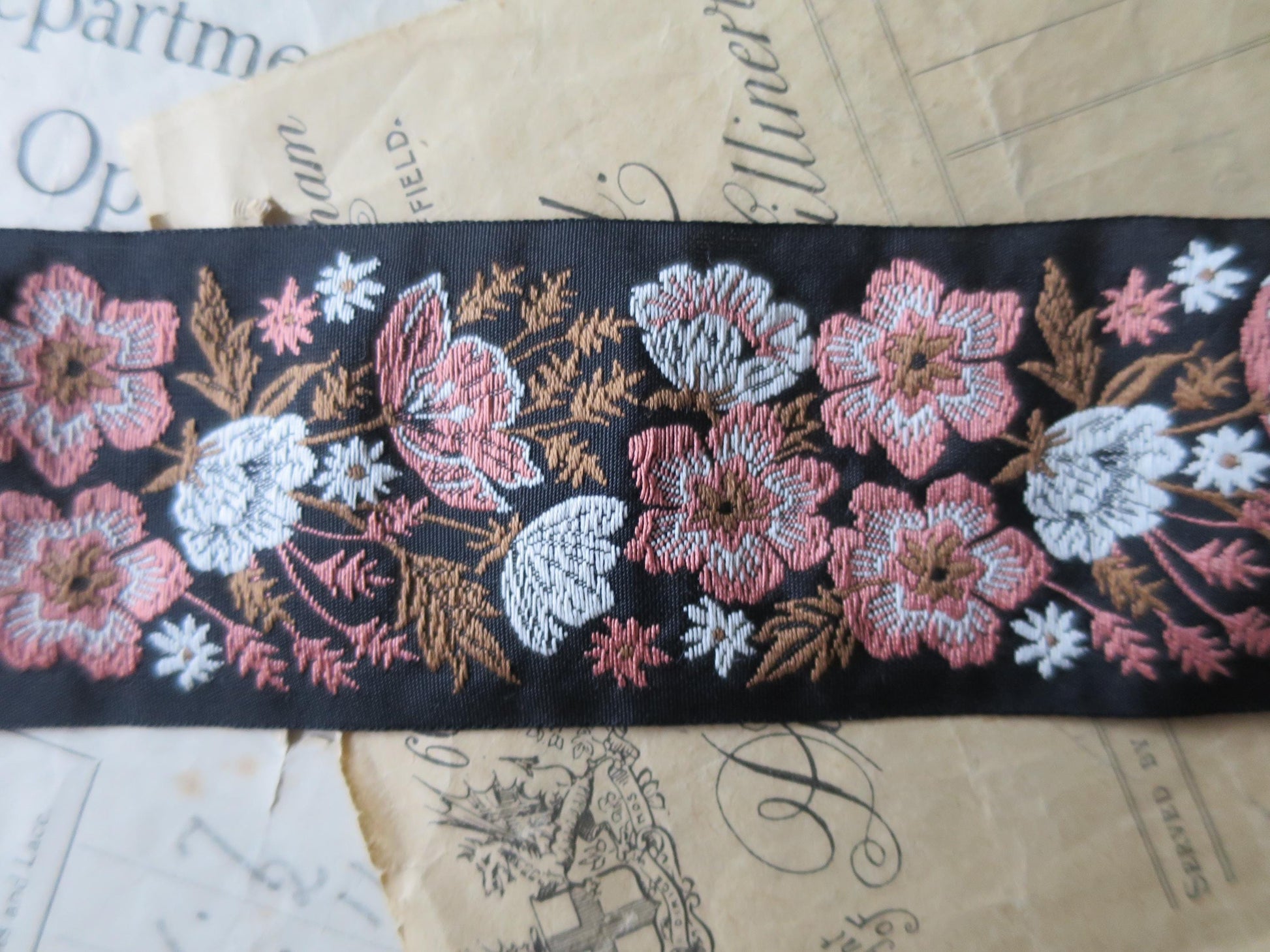 Meadow Flowers 50 mm Jacquard Woven Ribbon- Pink & Brown