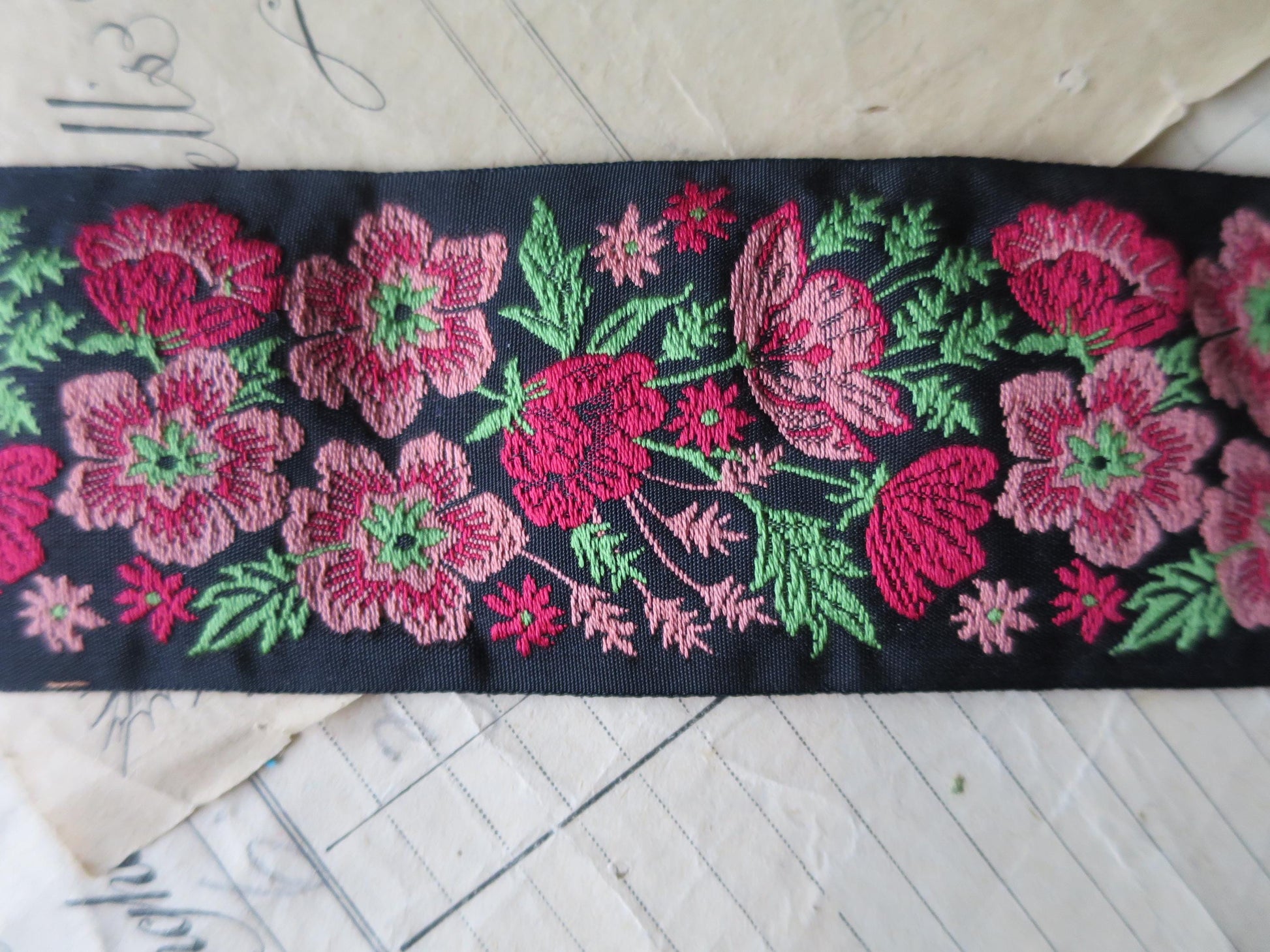Meadow Flowers 50 mm Jacquard Woven Ribbon- Pink & Red