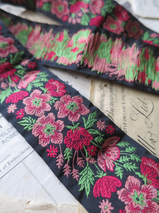 Meadow Flowers 50 mm Jacquard Woven Ribbon- Pink & Red