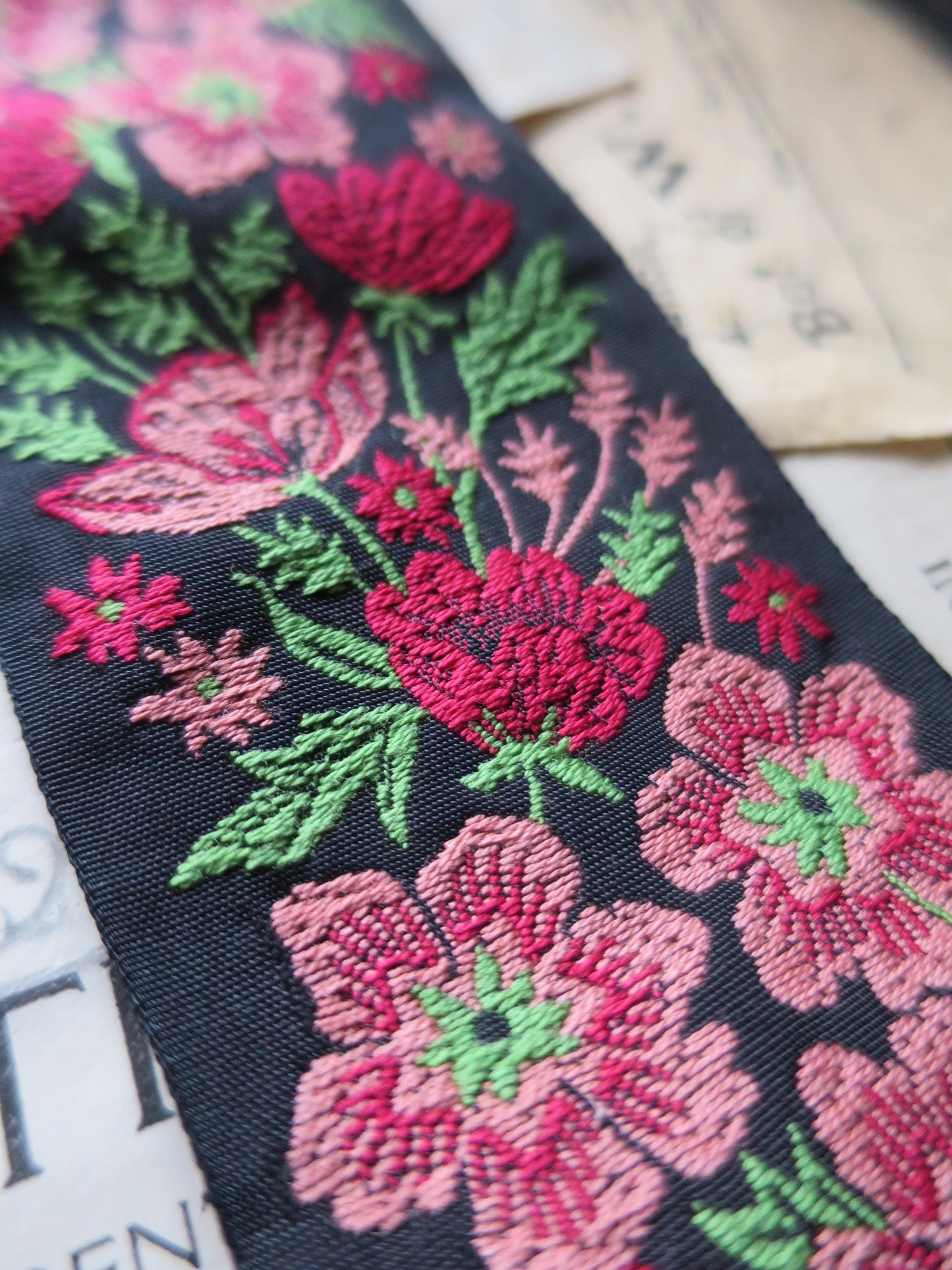Meadow Flowers 50 mm Jacquard Woven Ribbon- Pink & Red