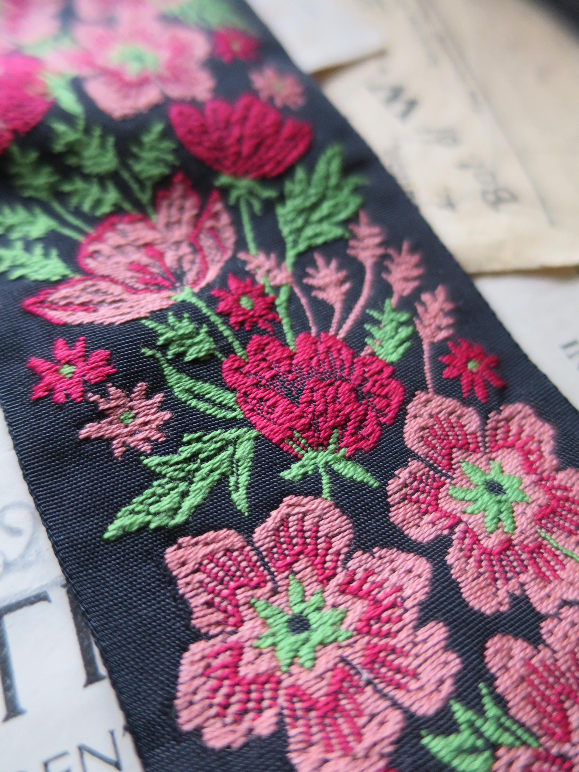 Meadow Flowers 50 mm Jacquard Woven Ribbon- Pink & Red