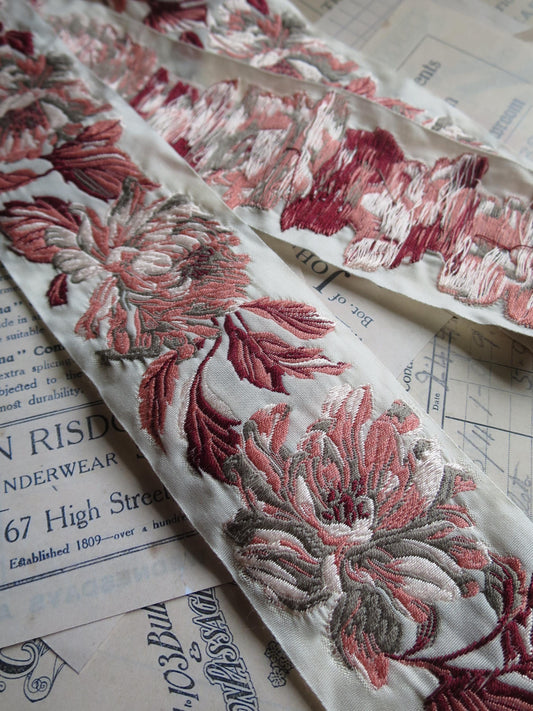 Jacobean Roses 60 mm Jacquard Woven Ribbon- Gilded Blue