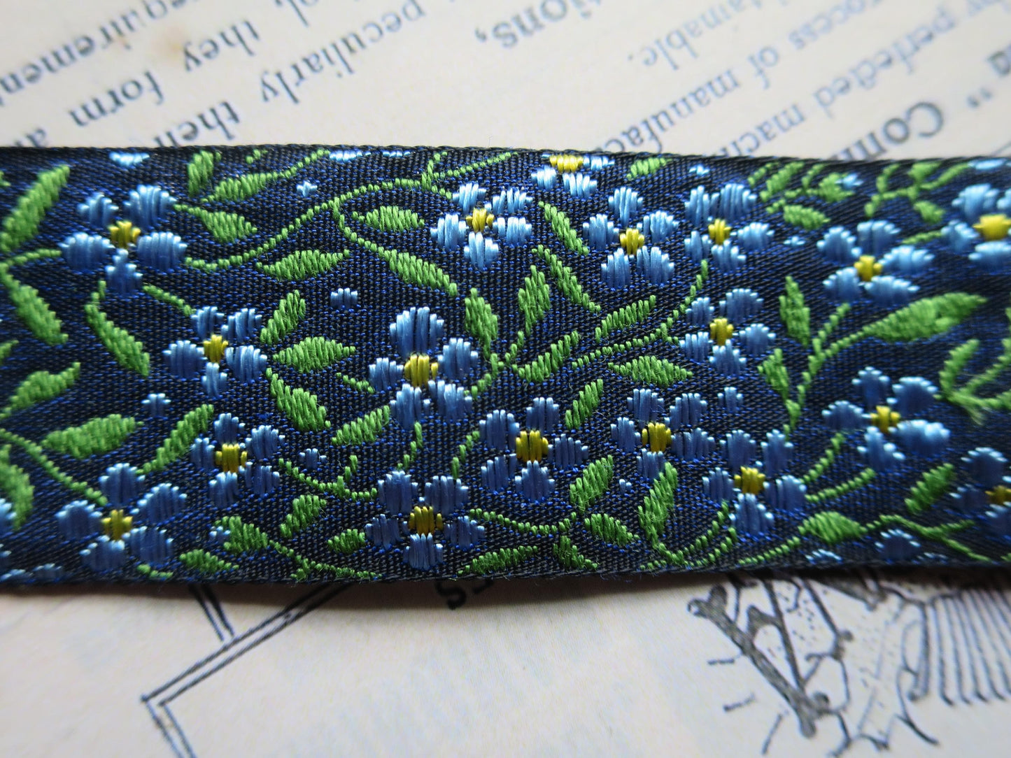 Forget-me-nots 25 mm Jacquard Woven Ribbon- Navy Blue