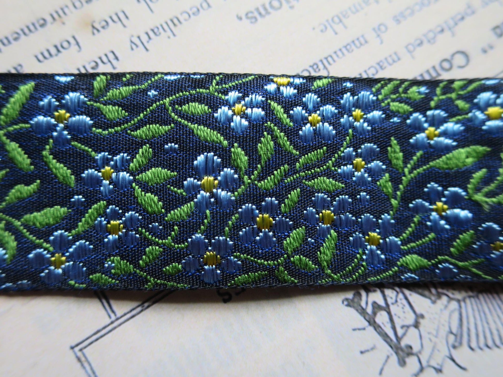 Forget-me-nots 25 mm Jacquard Woven Ribbon- Navy Blue
