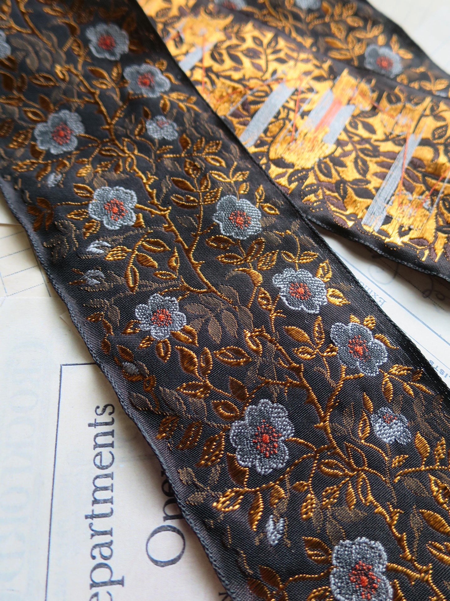 Jacobean Roses 60 mm Jacquard Woven Ribbon- Gilded Blue