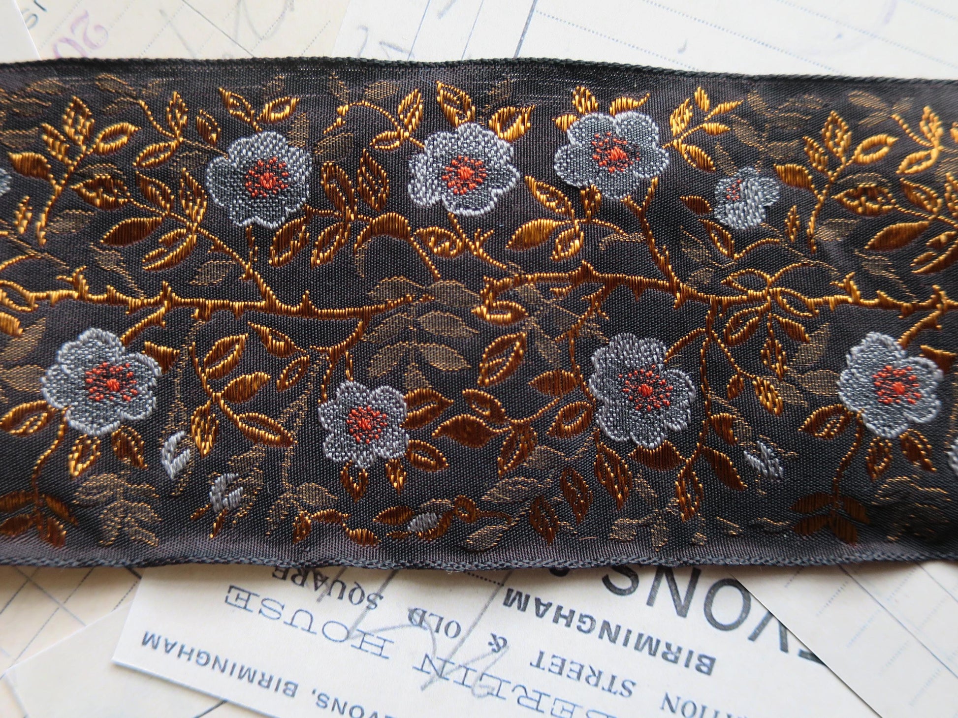 Jacobean Roses 60 mm Jacquard Woven Ribbon- Gilded Blue