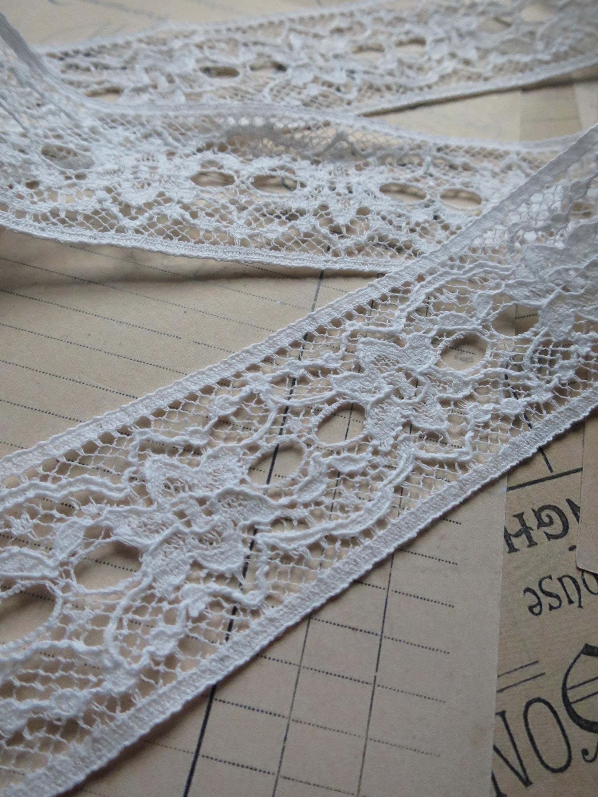 English Nottingham Lace- Floral Double Eyelet Insertion Lace- 3.7 cm