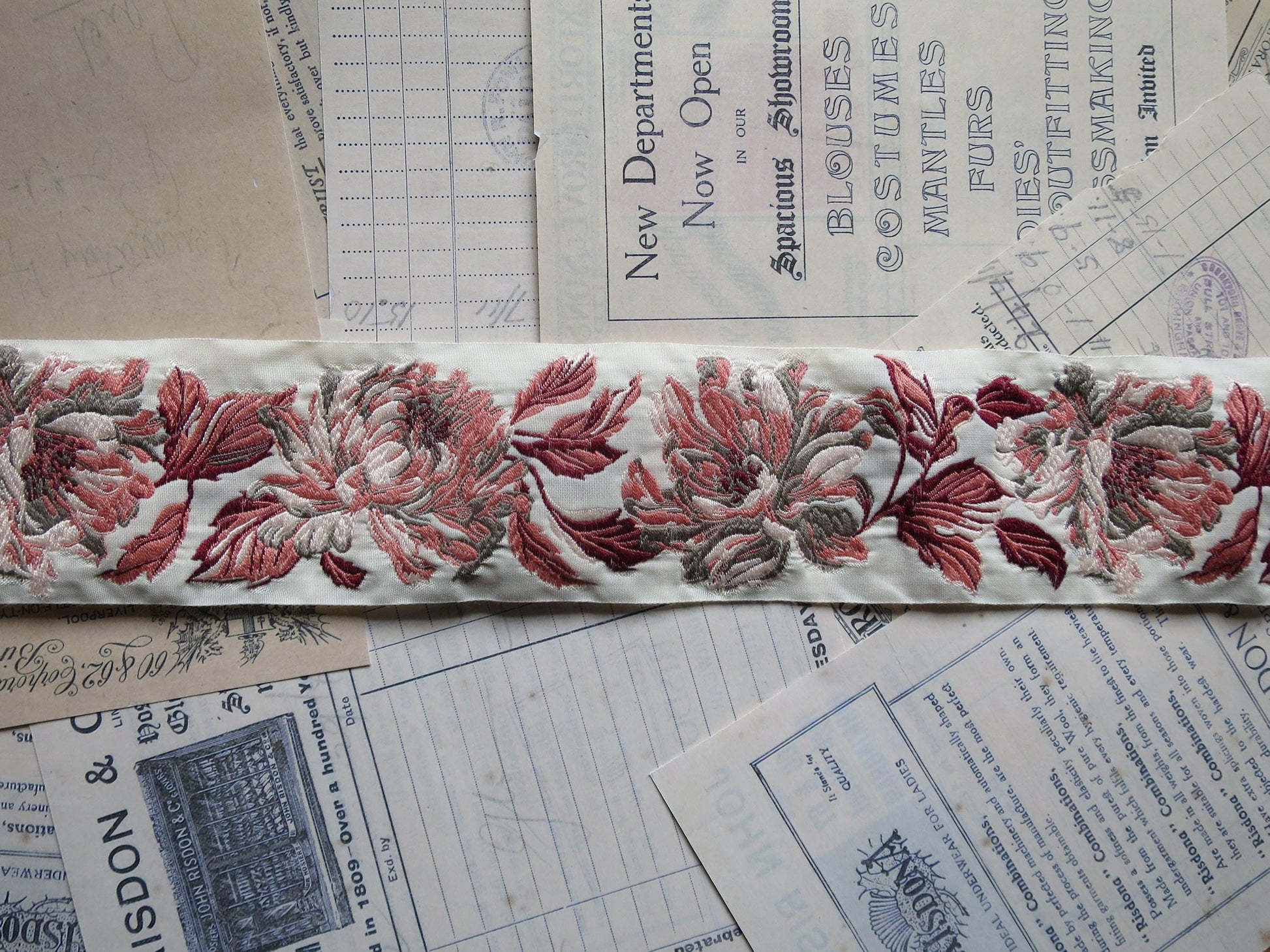 Jacobean Roses 60 mm Jacquard Woven Ribbon- Gilded Blue