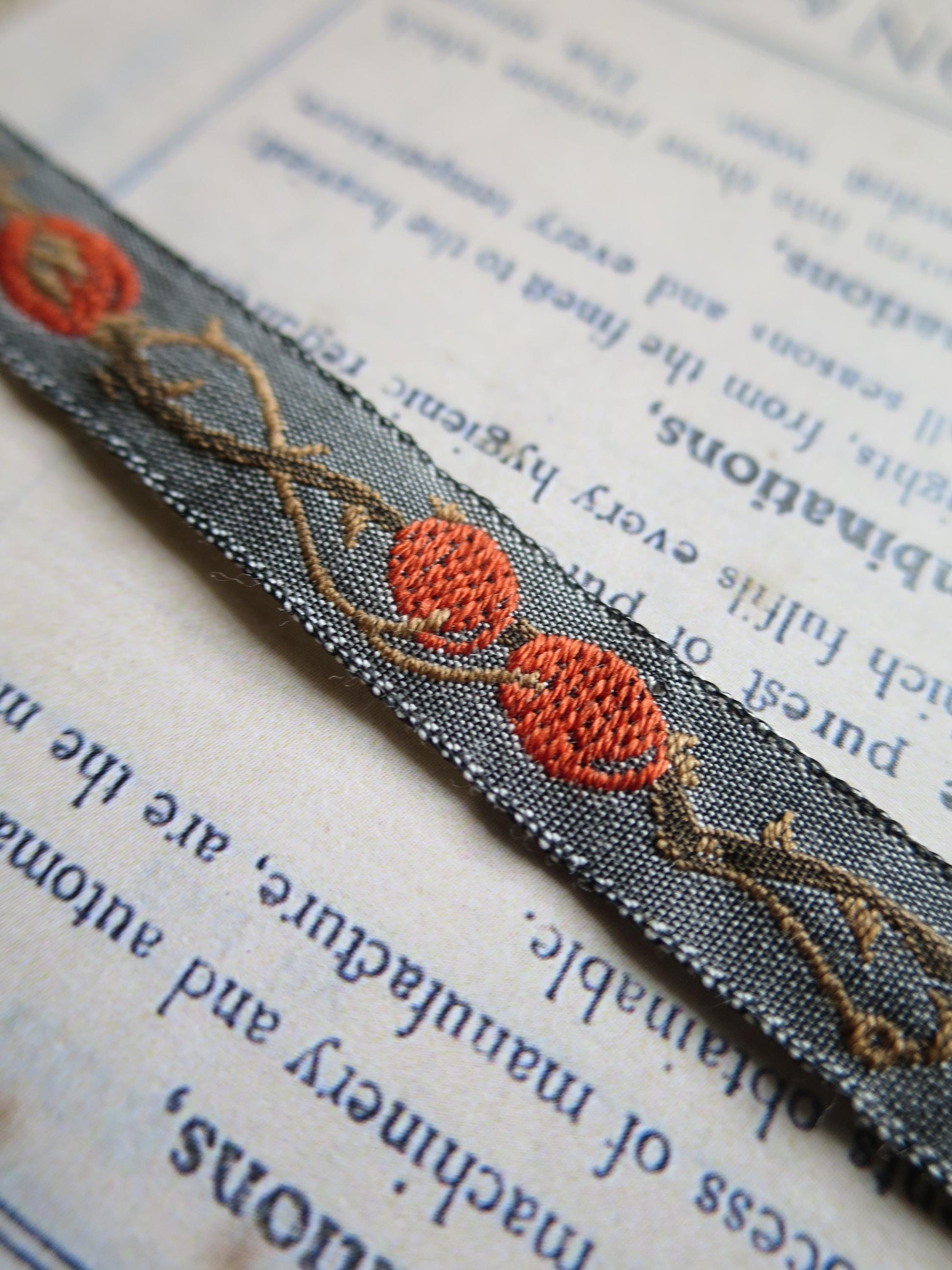 Rose Hips 10 mm Black Jacquard Woven Ribbon- Grey