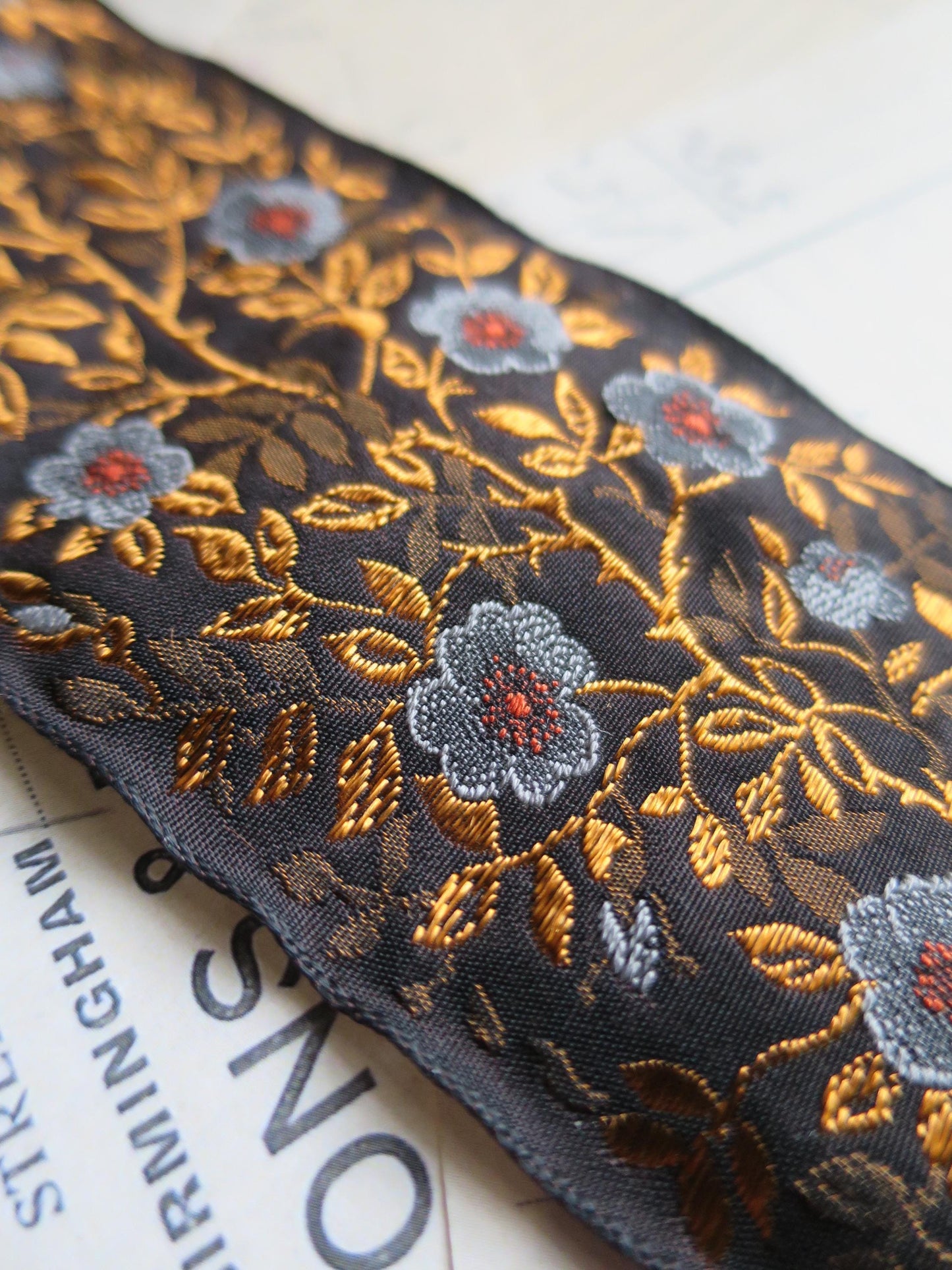 Jacobean Roses 60 mm Jacquard Woven Ribbon- Gilded Blue