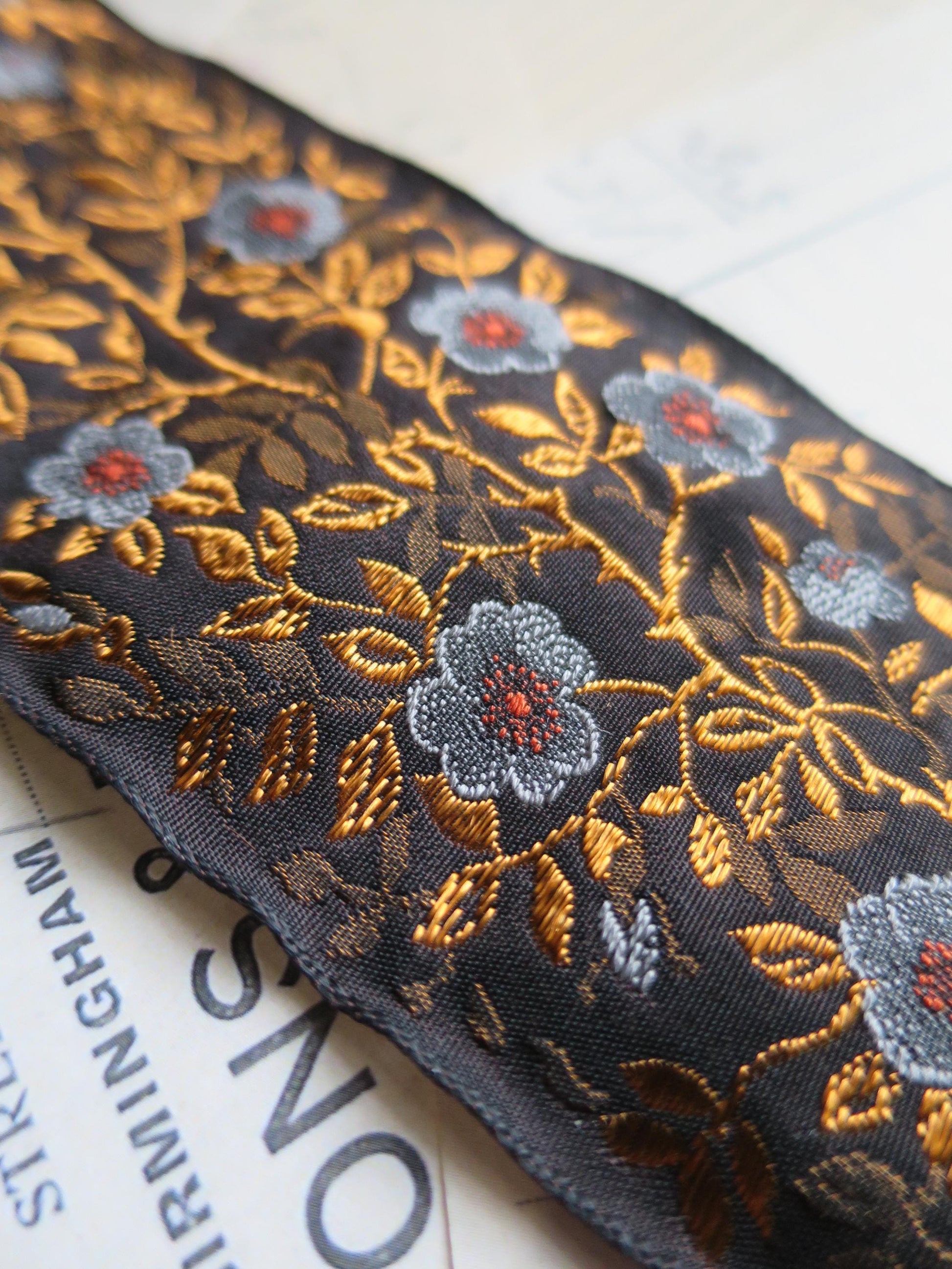 Jacobean Roses 60 mm Jacquard Woven Ribbon- Gilded Blue