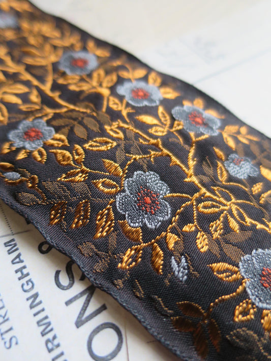 Jacobean Roses 60 mm Jacquard Woven Ribbon- Gilded Blue
