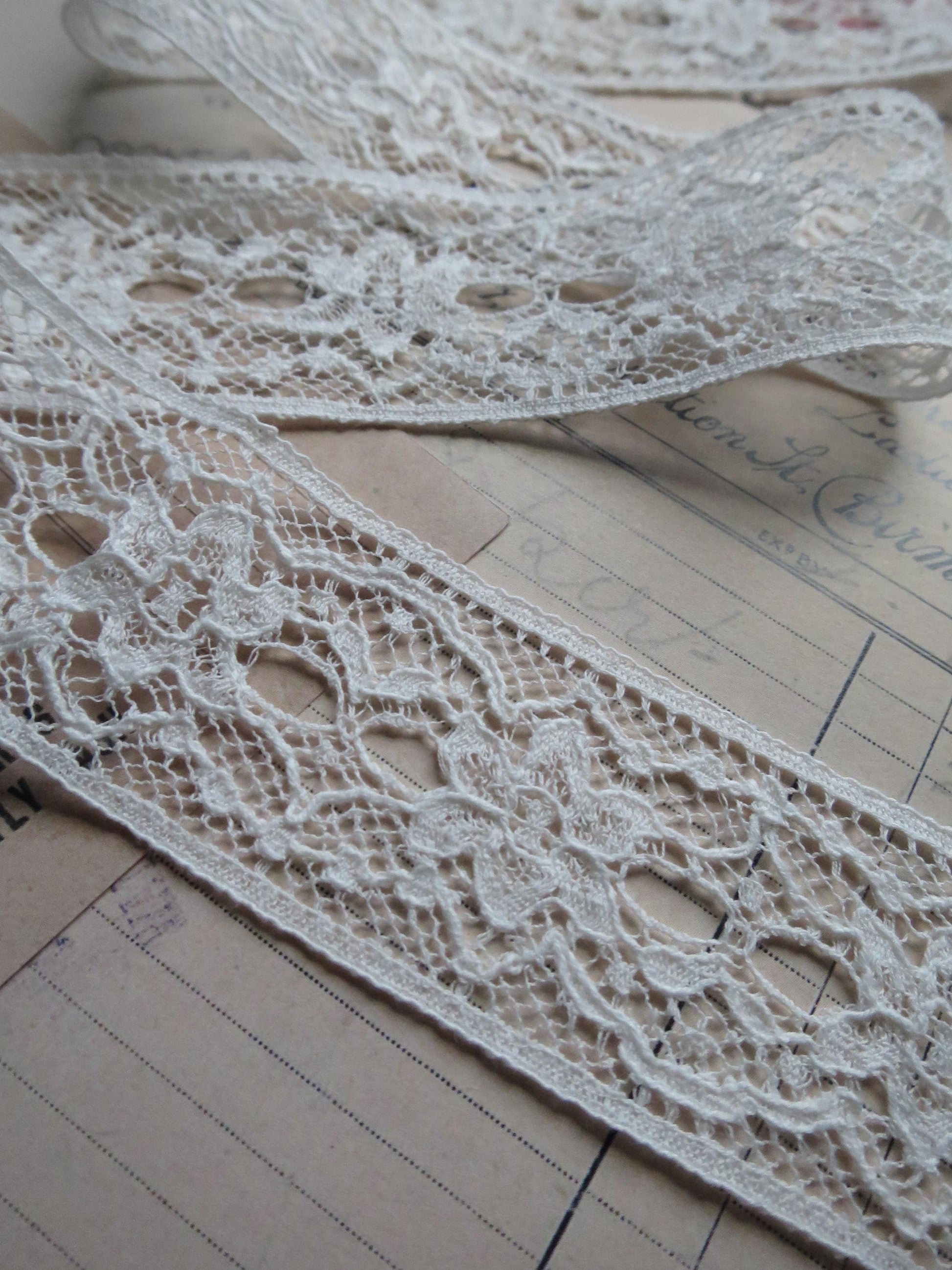 English Nottingham Lace- Floral Double Eyelet Insertion Lace- 3.7 cm