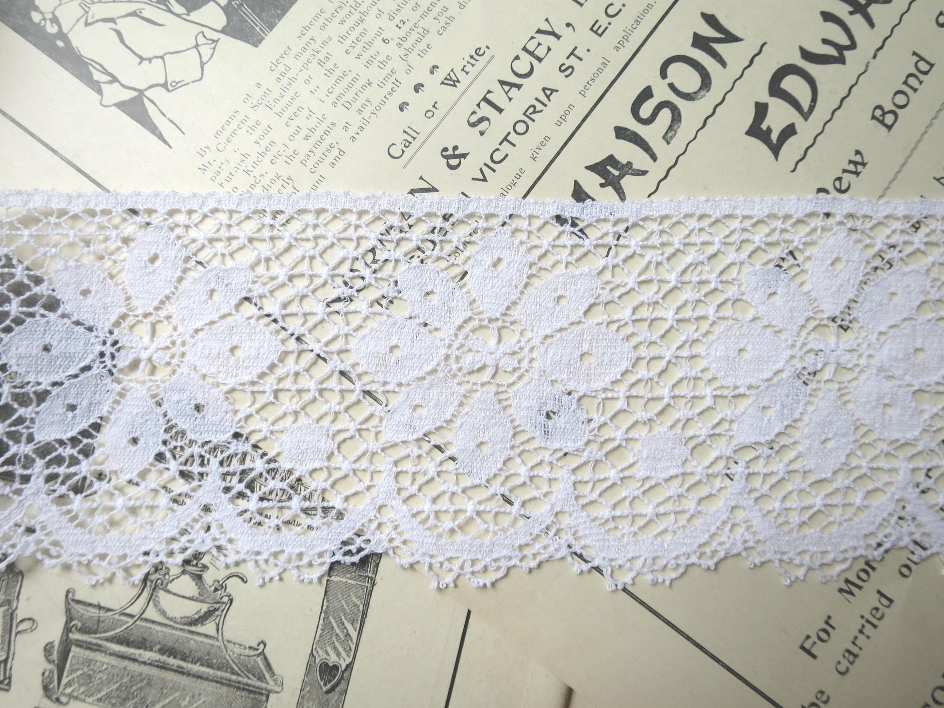 White English Nottingham Lace- Floral Flat Point Lace- 7.5 cm