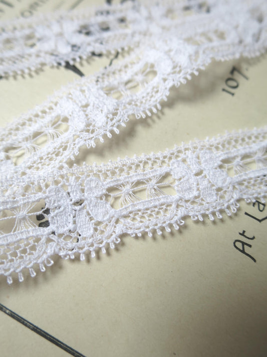White English Nottingham Lace- Floral & Openwork Point Lace- 1.7 cm