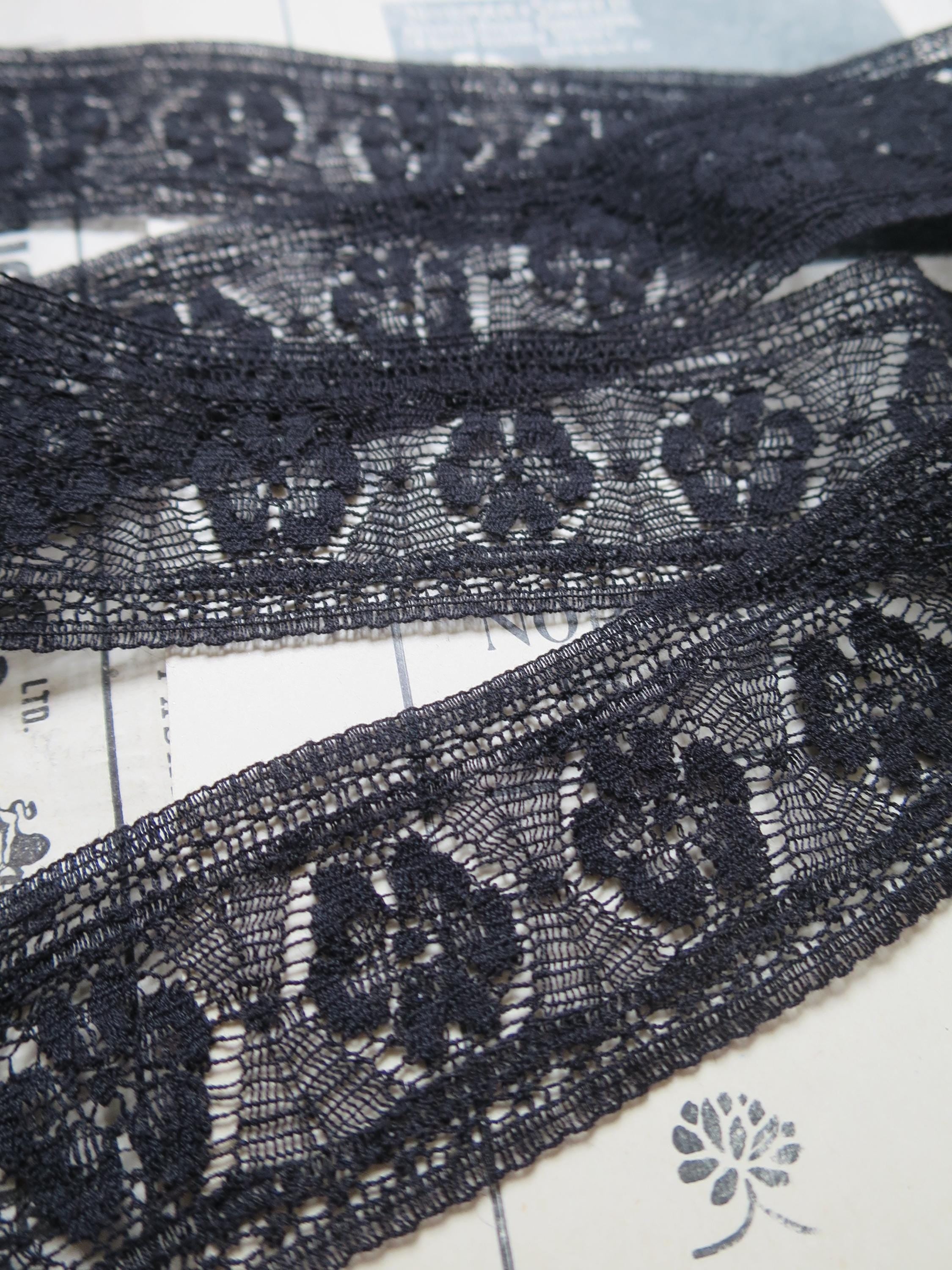 Black English Nottingham Lace- Fine Floral Torchon- Insertion- 3.5 cm