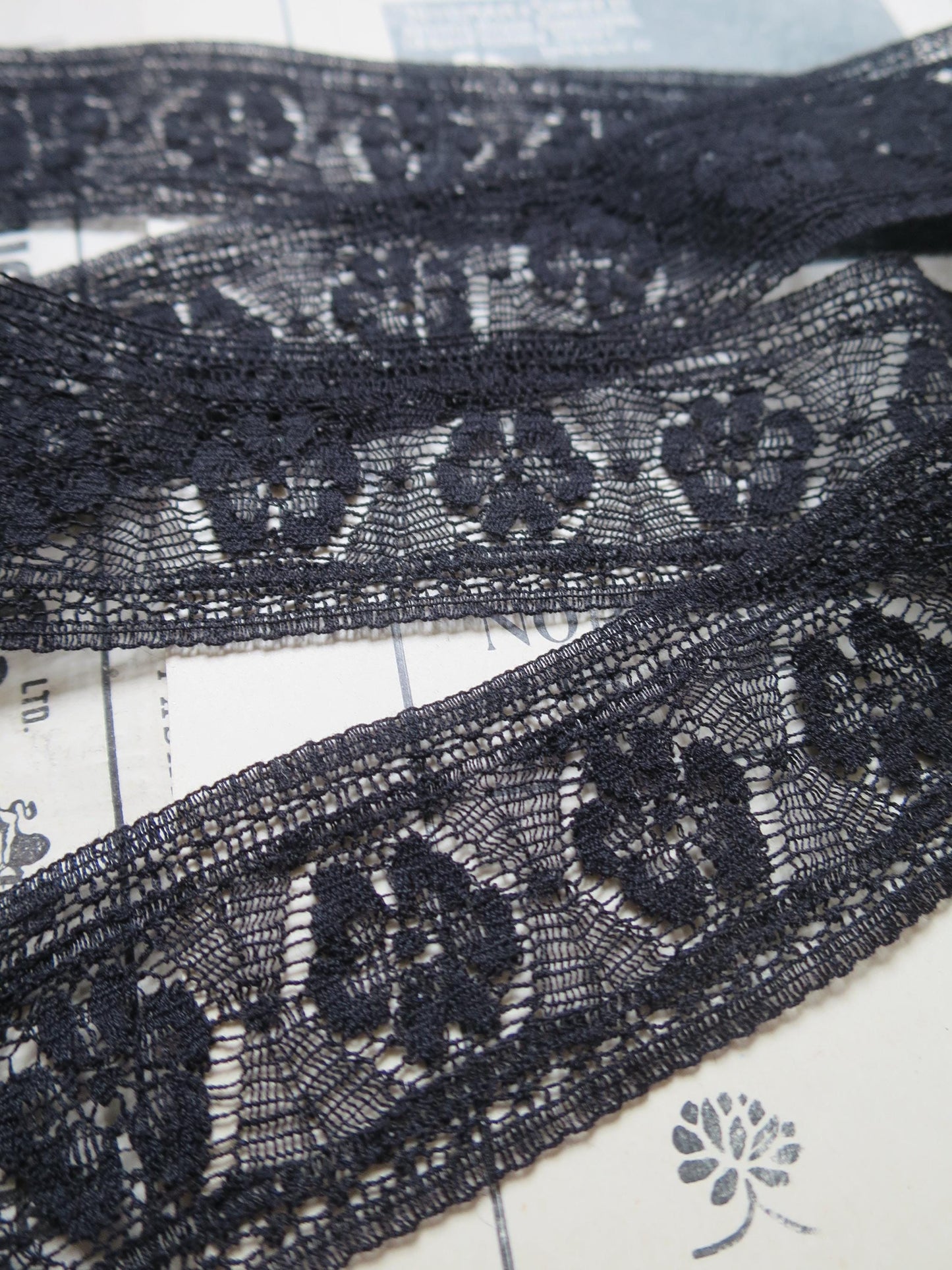 Black English Nottingham Lace- Fine Floral Torchon- Insertion- 3.5 cm