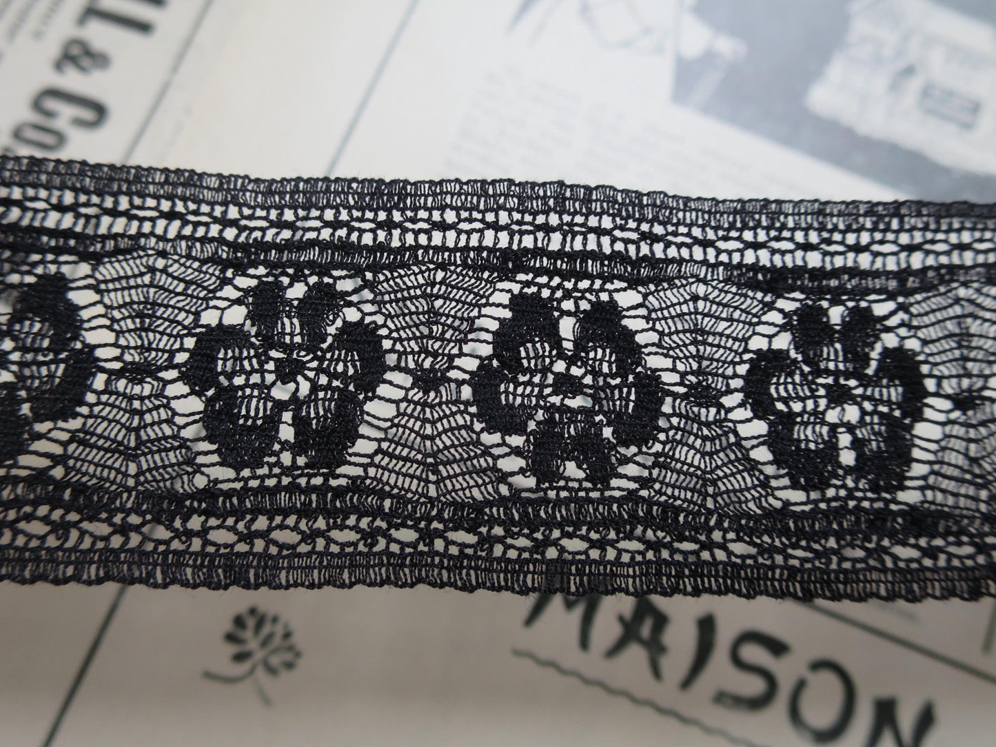 Black English Nottingham Lace- Fine Floral Torchon- Insertion- 3.5 cm