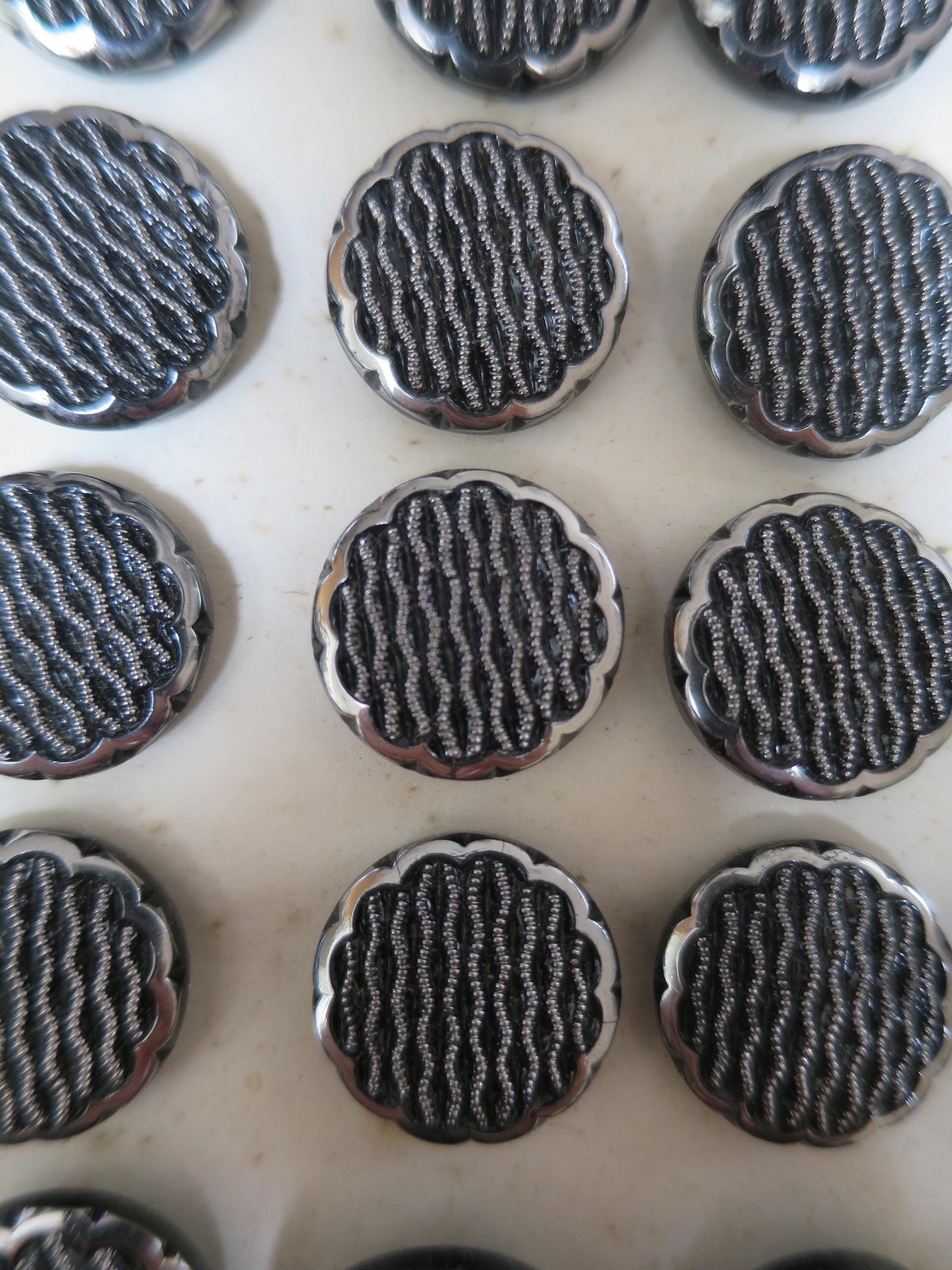 24 Antique Carded Art Deco Czechoslovakian Glass Buttons- Black & Silver- Parallel Waves Design