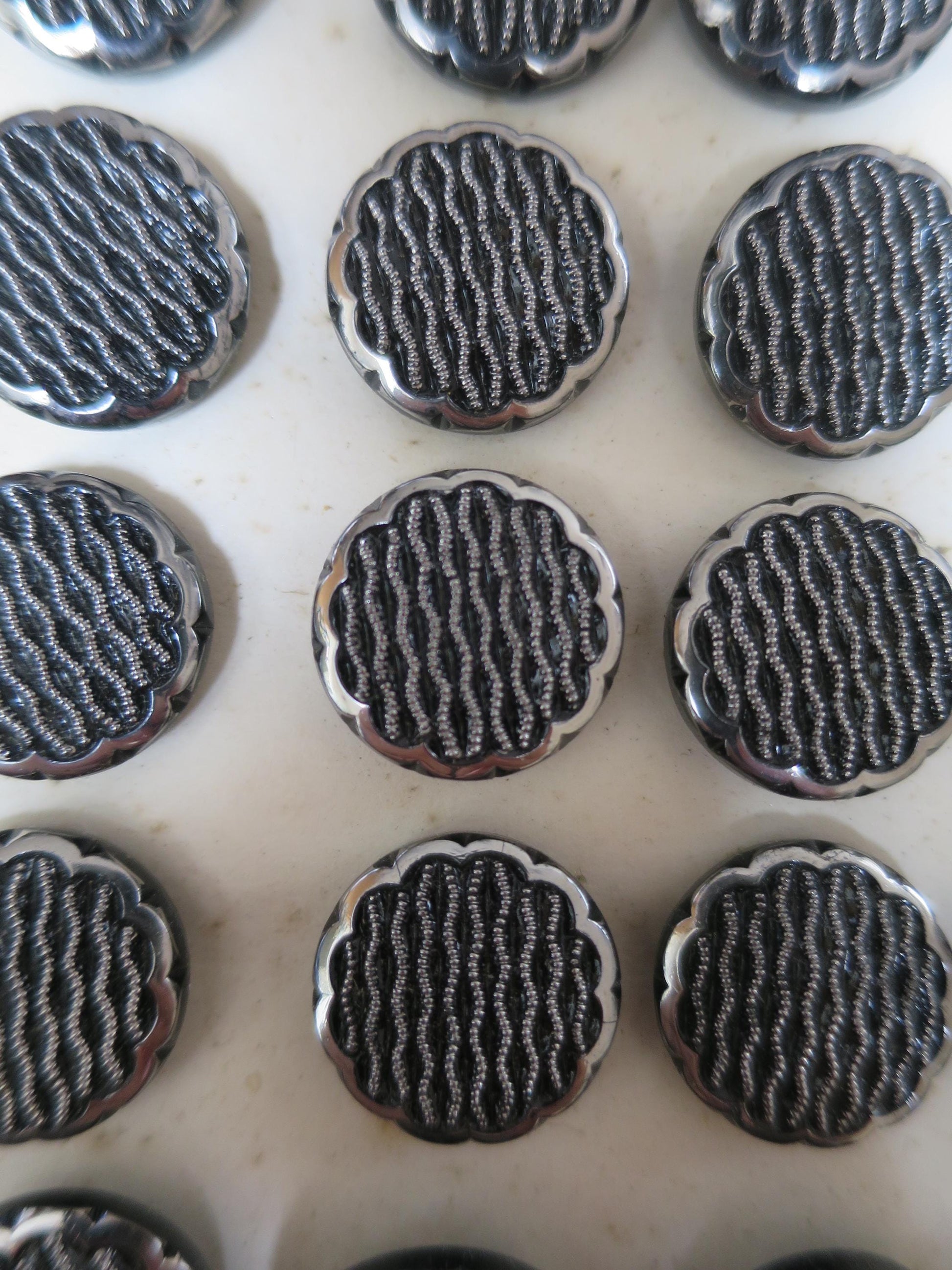 24 Antique Carded Art Deco Czechoslovakian Glass Buttons- Black & Silver- Parallel Waves Design