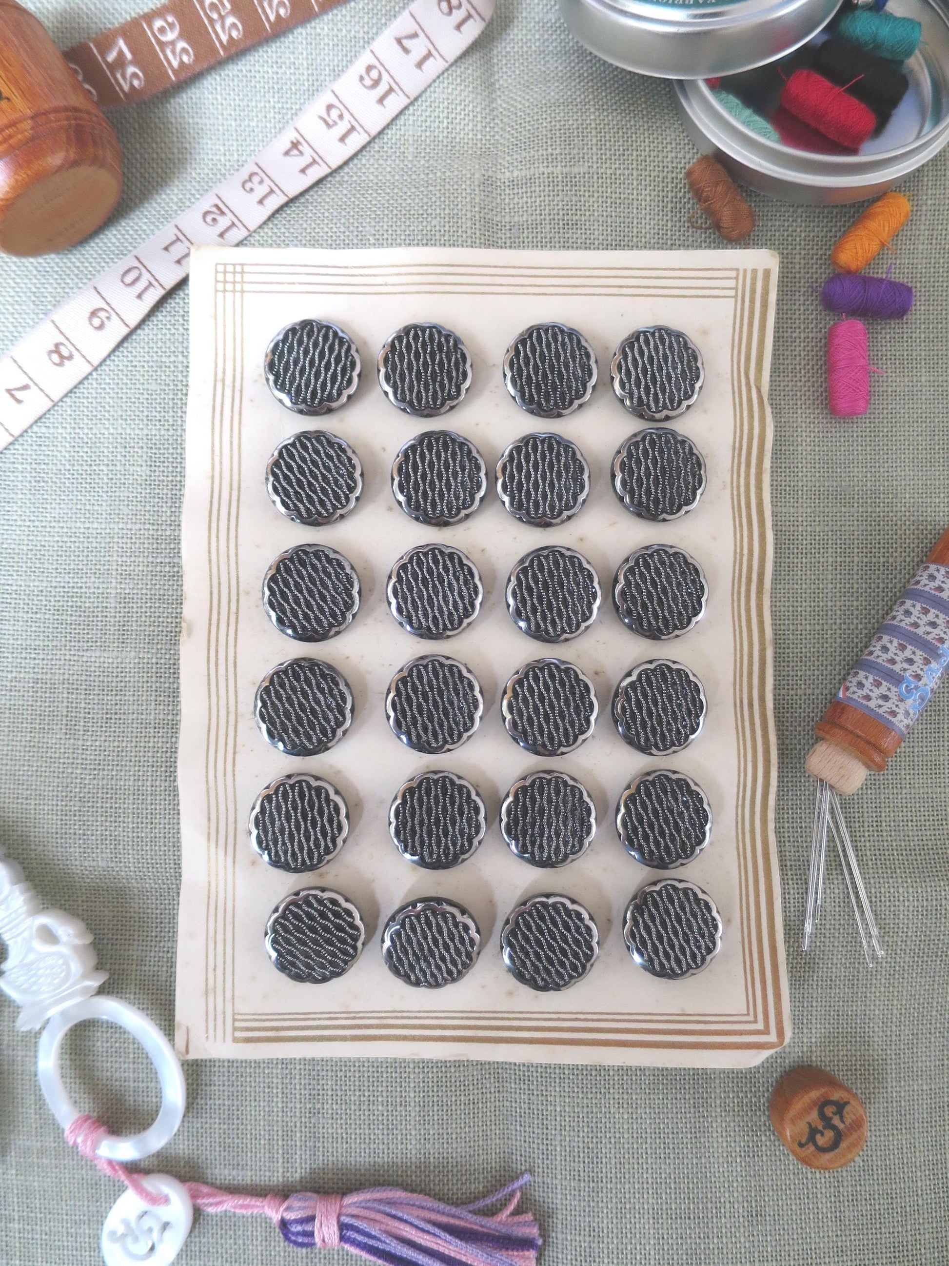 24 Antique Carded Art Deco Czechoslovakian Glass Buttons- Black & Silver- Parallel Waves Design