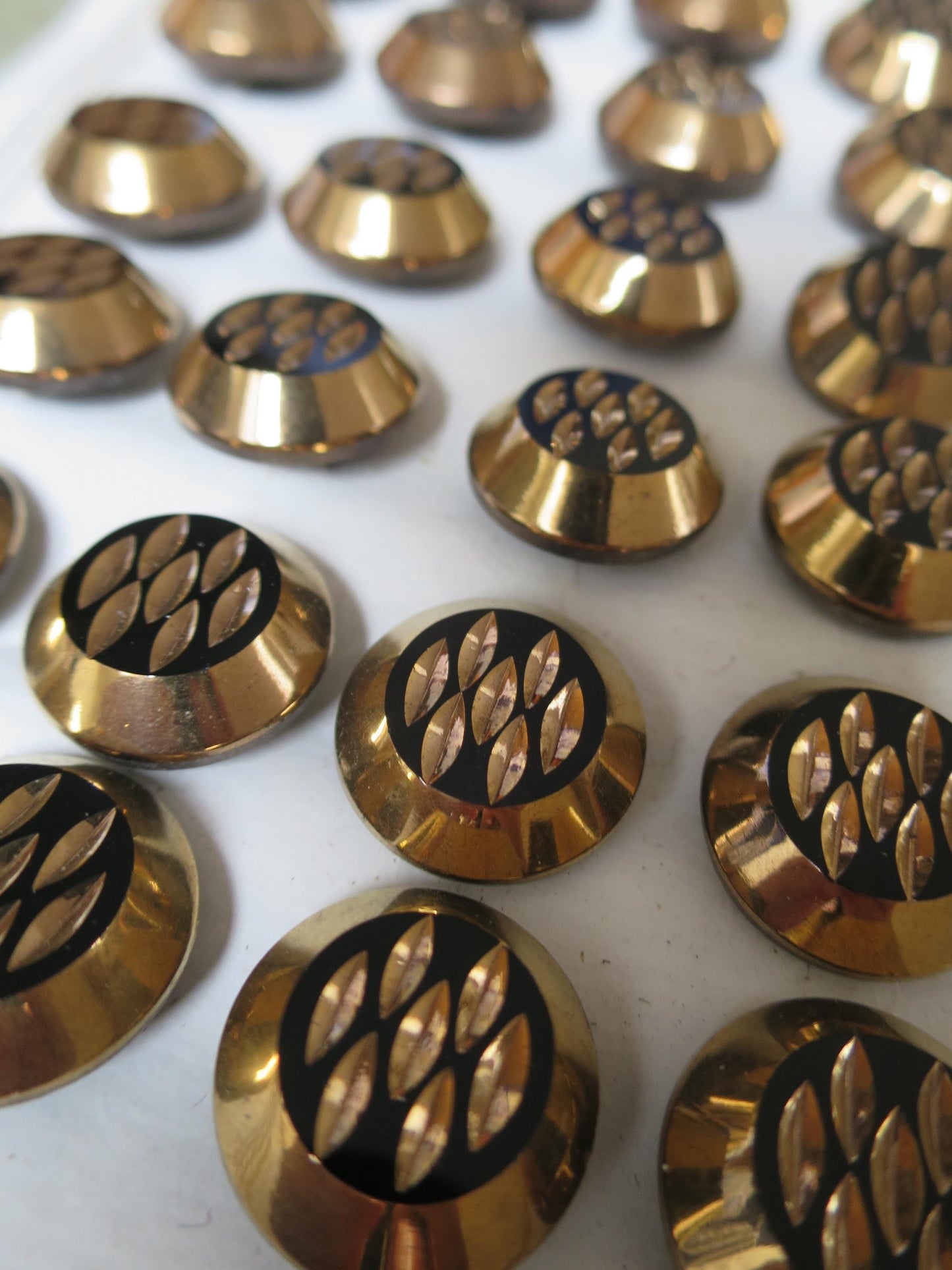 18 Antique Carded Art Deco Czechoslovakian Glass Buttons- Black & Gold- Faceted Design
