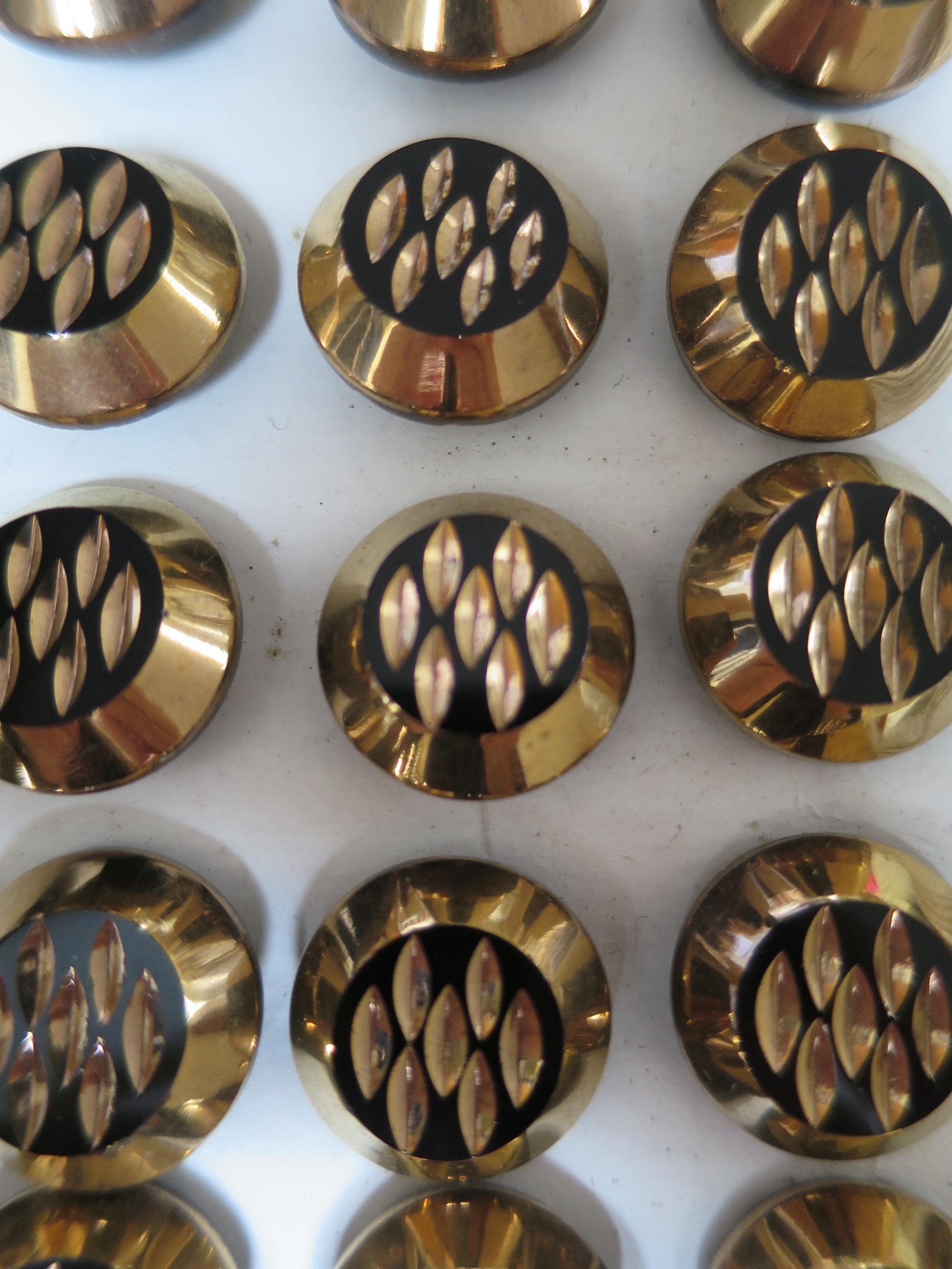 18 Antique Carded Art Deco Czechoslovakian Glass Buttons- Black & Gold- Faceted Design