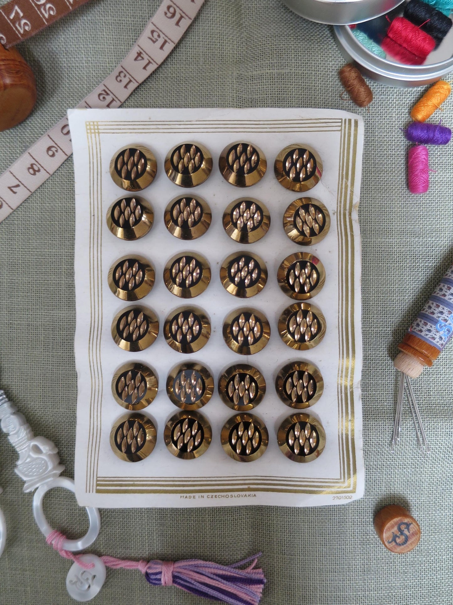 18 Antique Carded Art Deco Czechoslovakian Glass Buttons- Black & Gold- Faceted Design