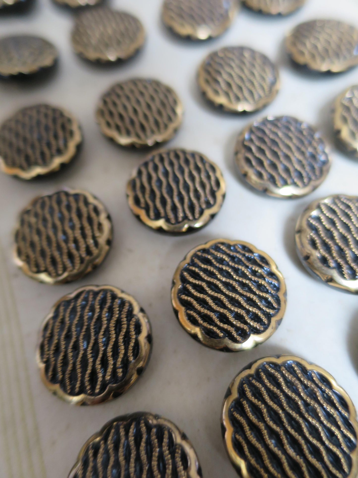 18 Antique Carded Art Deco Czechoslovakian Glass Buttons- Black & Gold- Parallel Waves Design