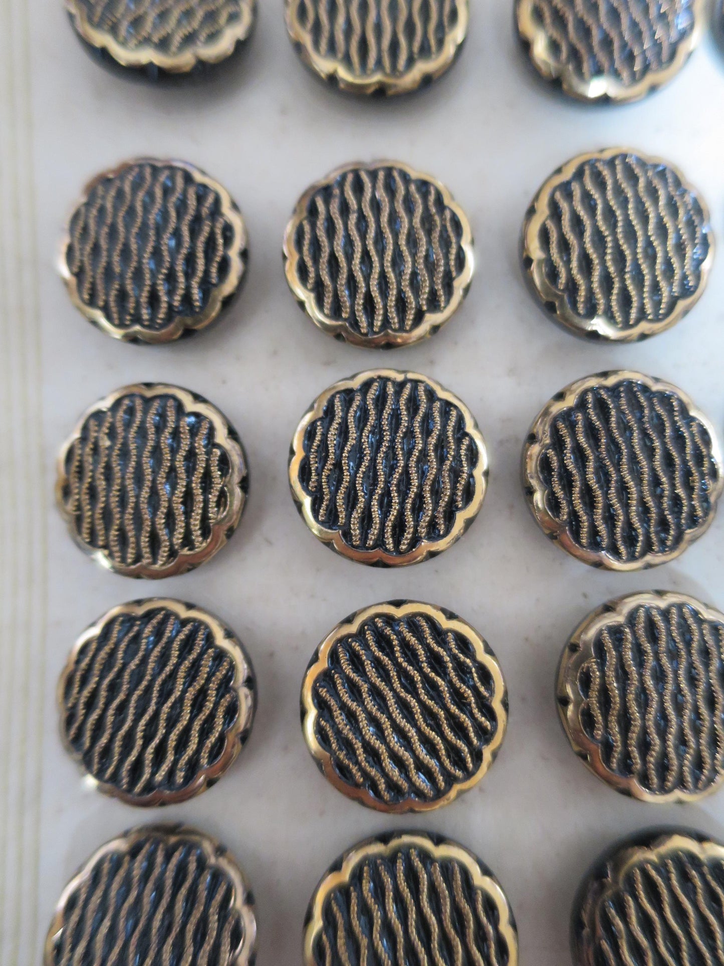 18 Antique Carded Art Deco Czechoslovakian Glass Buttons- Black & Gold- Parallel Waves Design