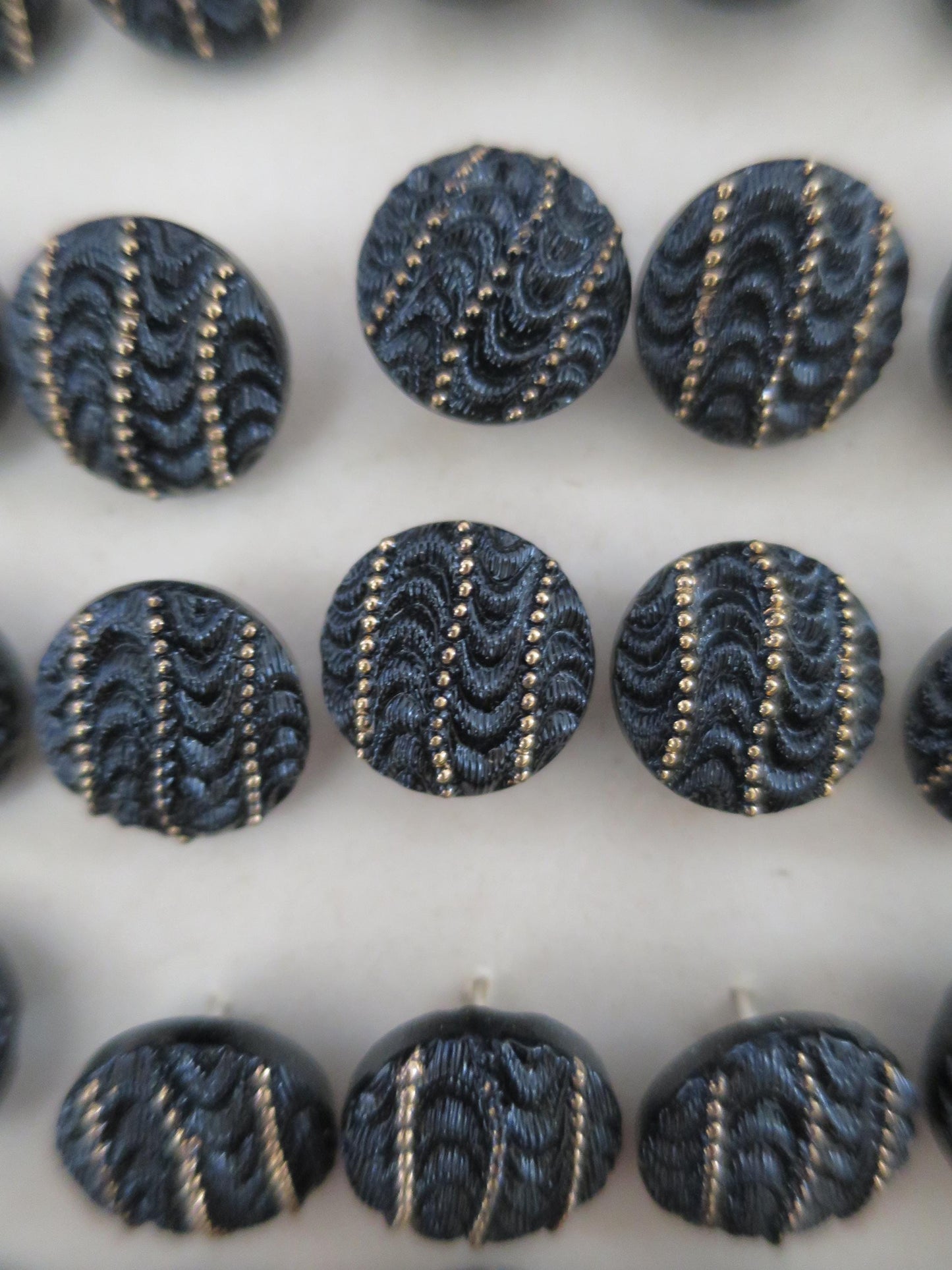 36 Antique Carded Art Deco Czechoslovakian Glass Buttons- Black & Gold Waves and Dots Design