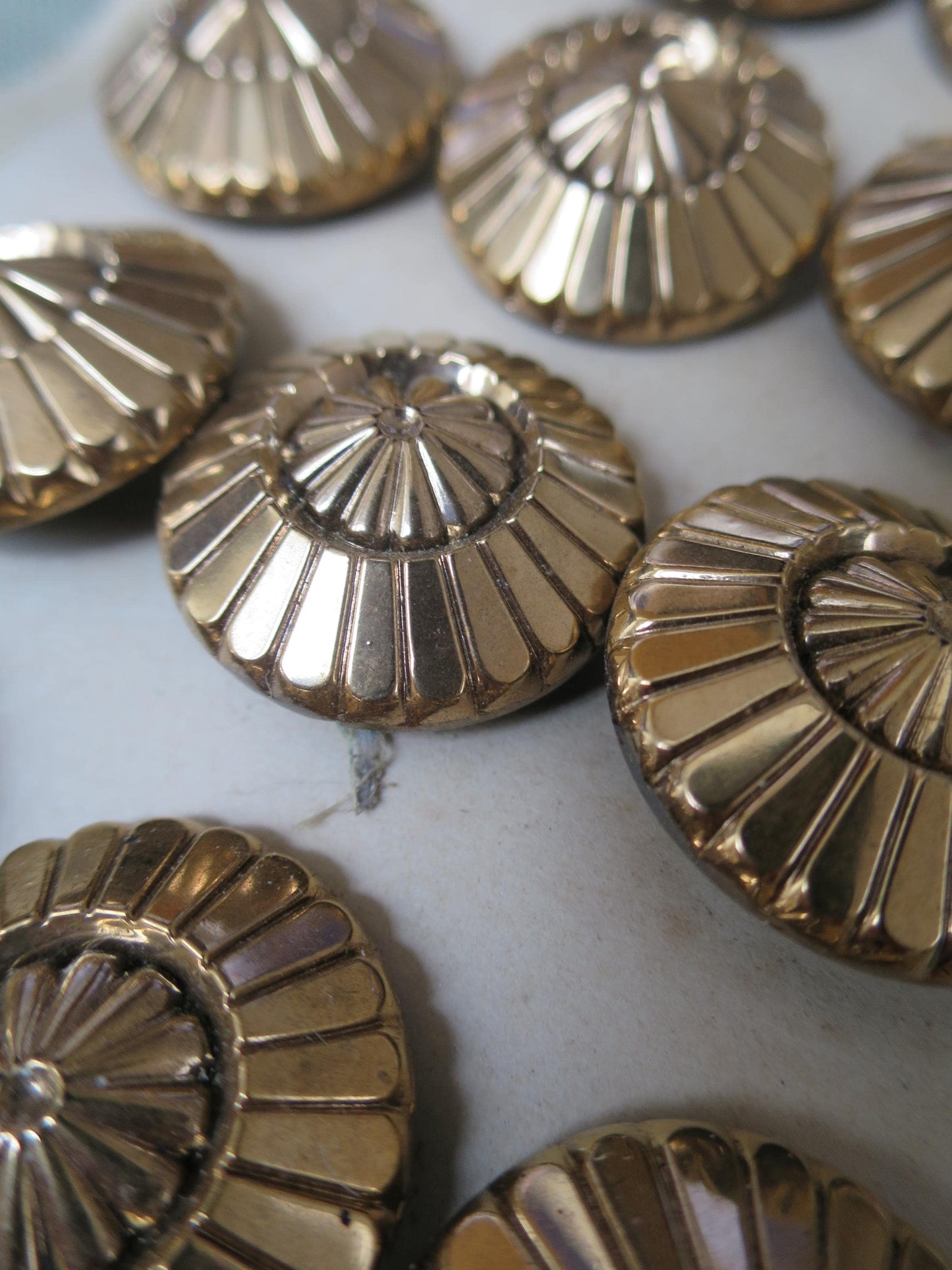 12 Antique Carded Art Deco Czechoslovakian Glass Buttons- Gold- 2 Tiered Radial Design