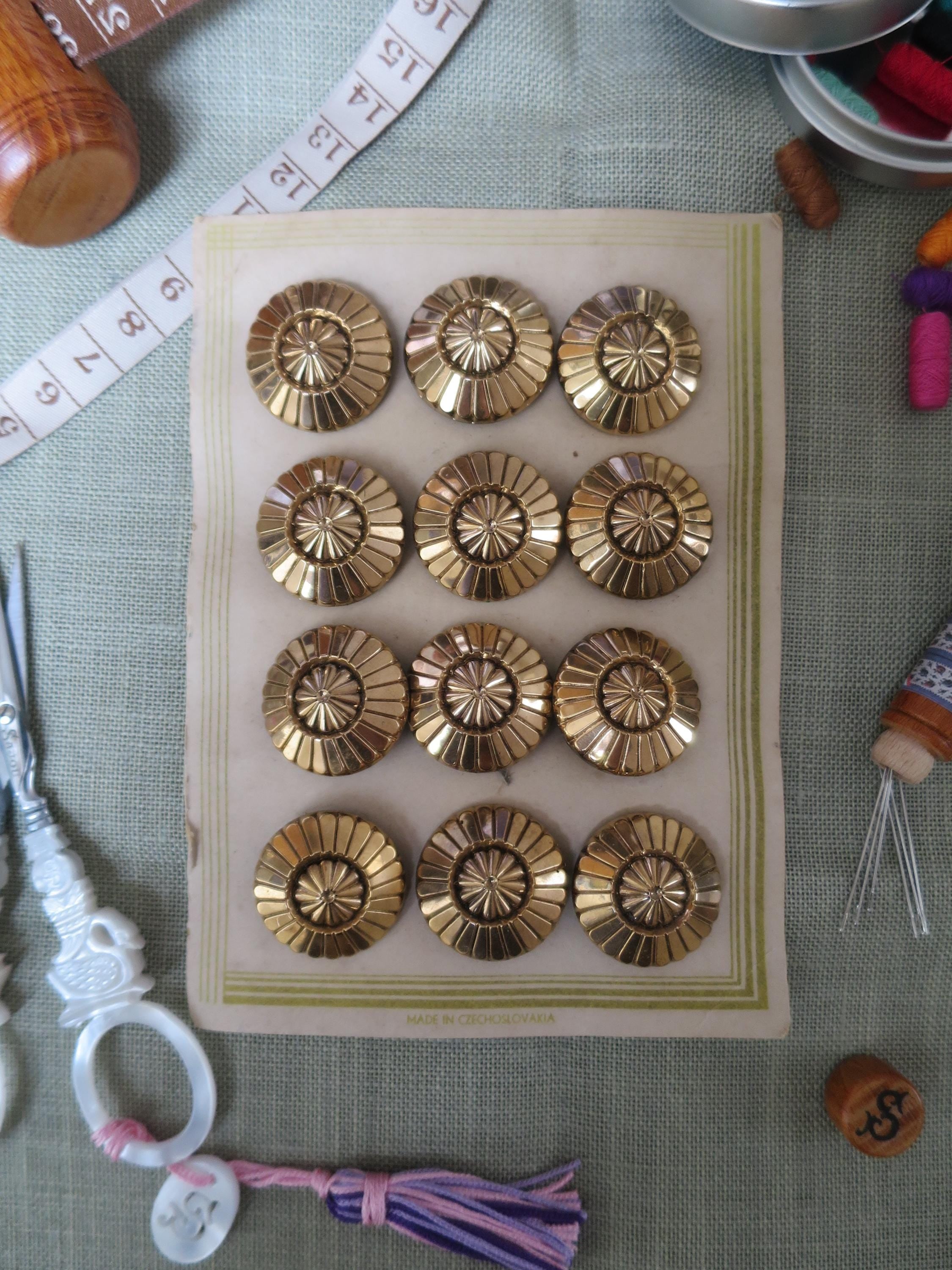 12 Antique Carded Art Deco Czechoslovakian Glass Buttons- Gold- 2 Tiered Radial Design