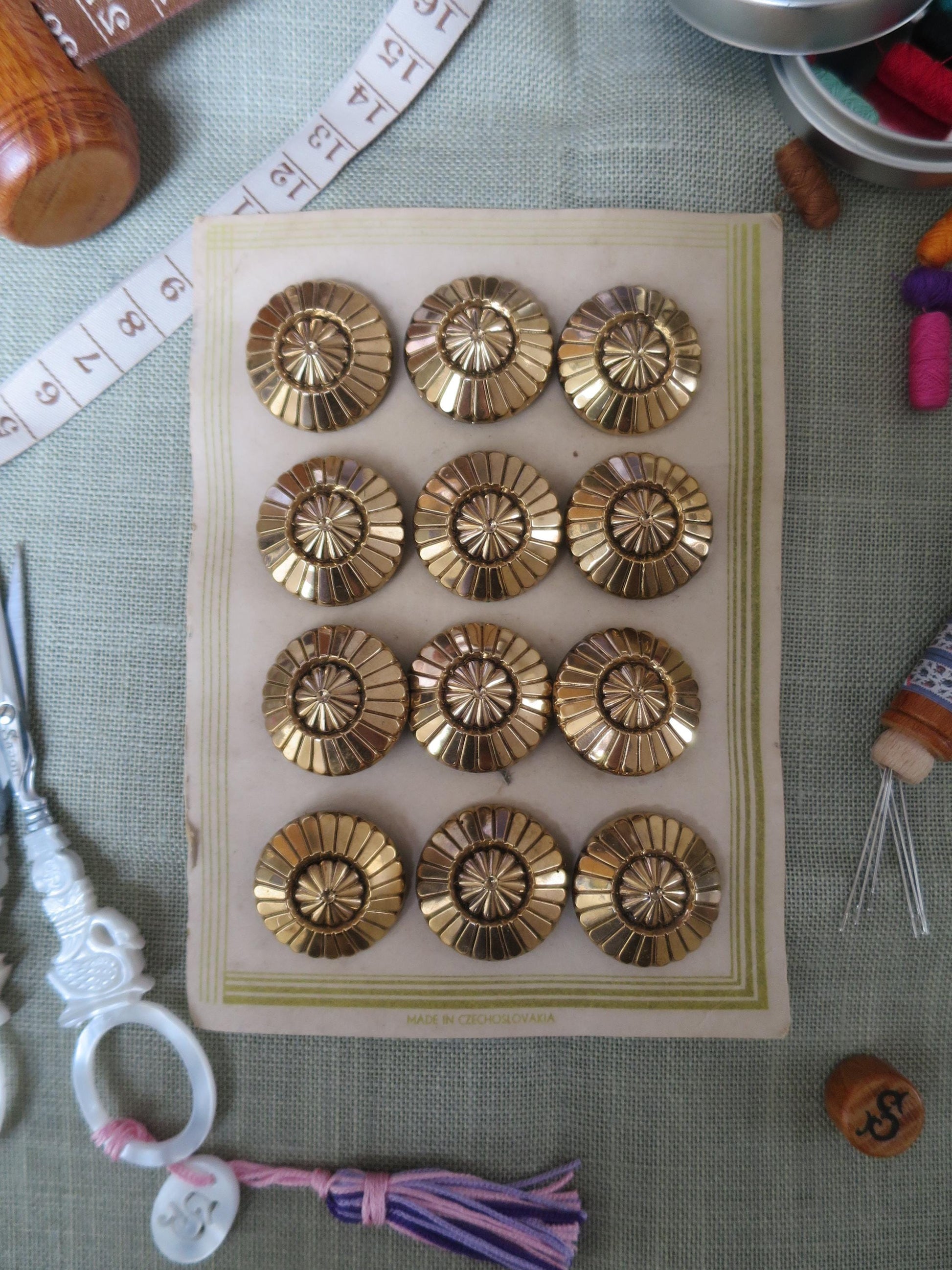 12 Antique Carded Art Deco Czechoslovakian Glass Buttons- Gold- 2 Tiered Radial Design