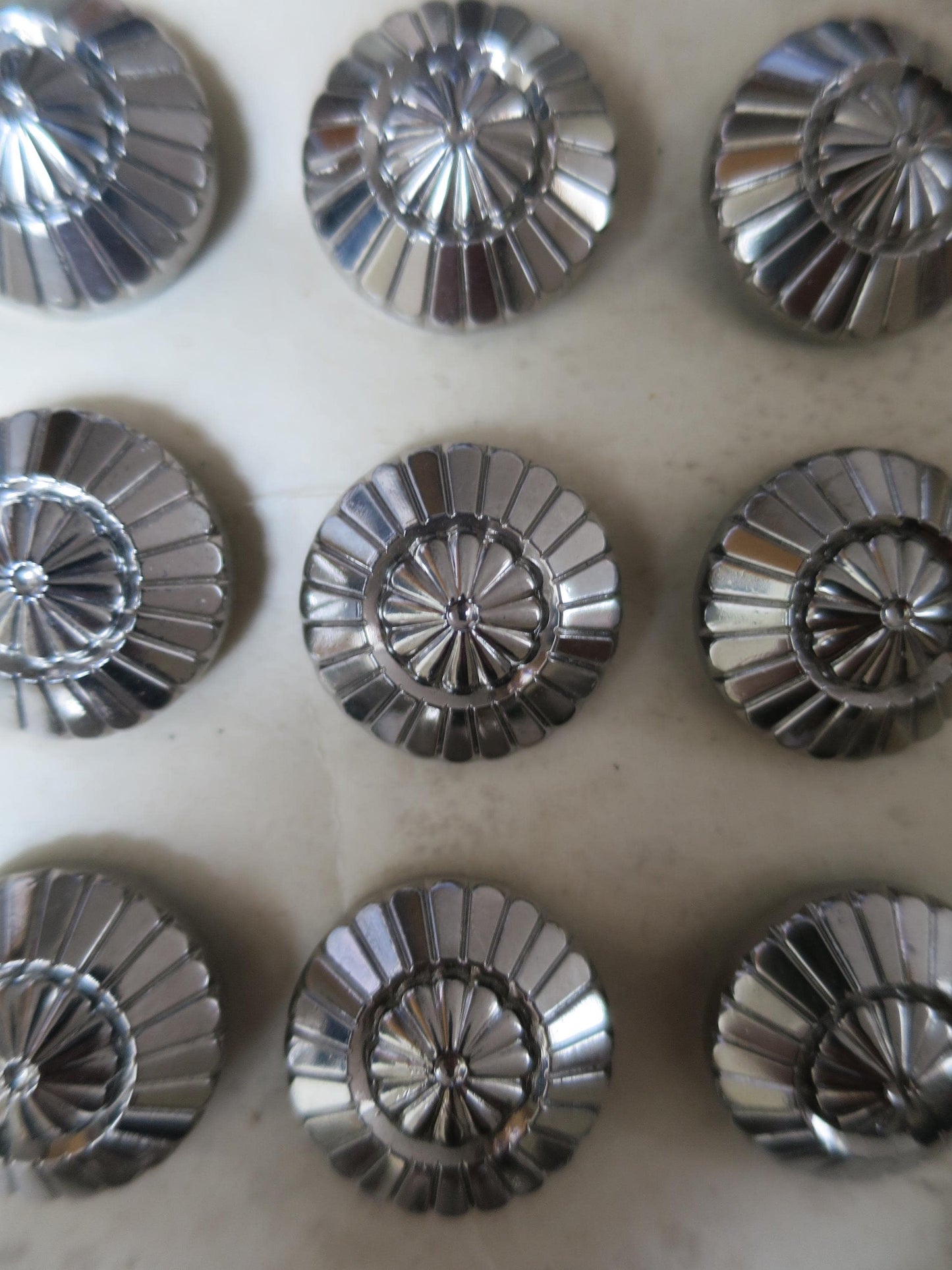 12 Antique Carded Art Deco Czechoslovakian Glass Buttons- Silver 2 Tiered Radial Design