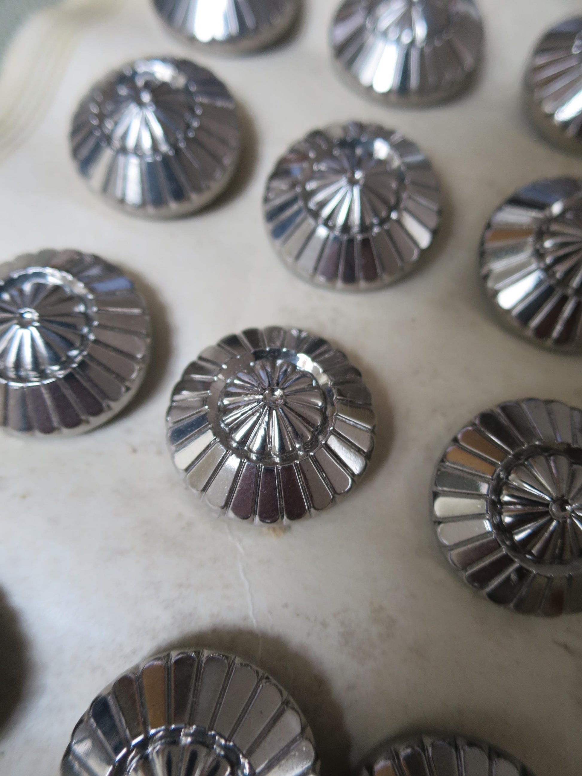 12 Antique Carded Art Deco Czechoslovakian Glass Buttons- Silver 2 Tiered Radial Design