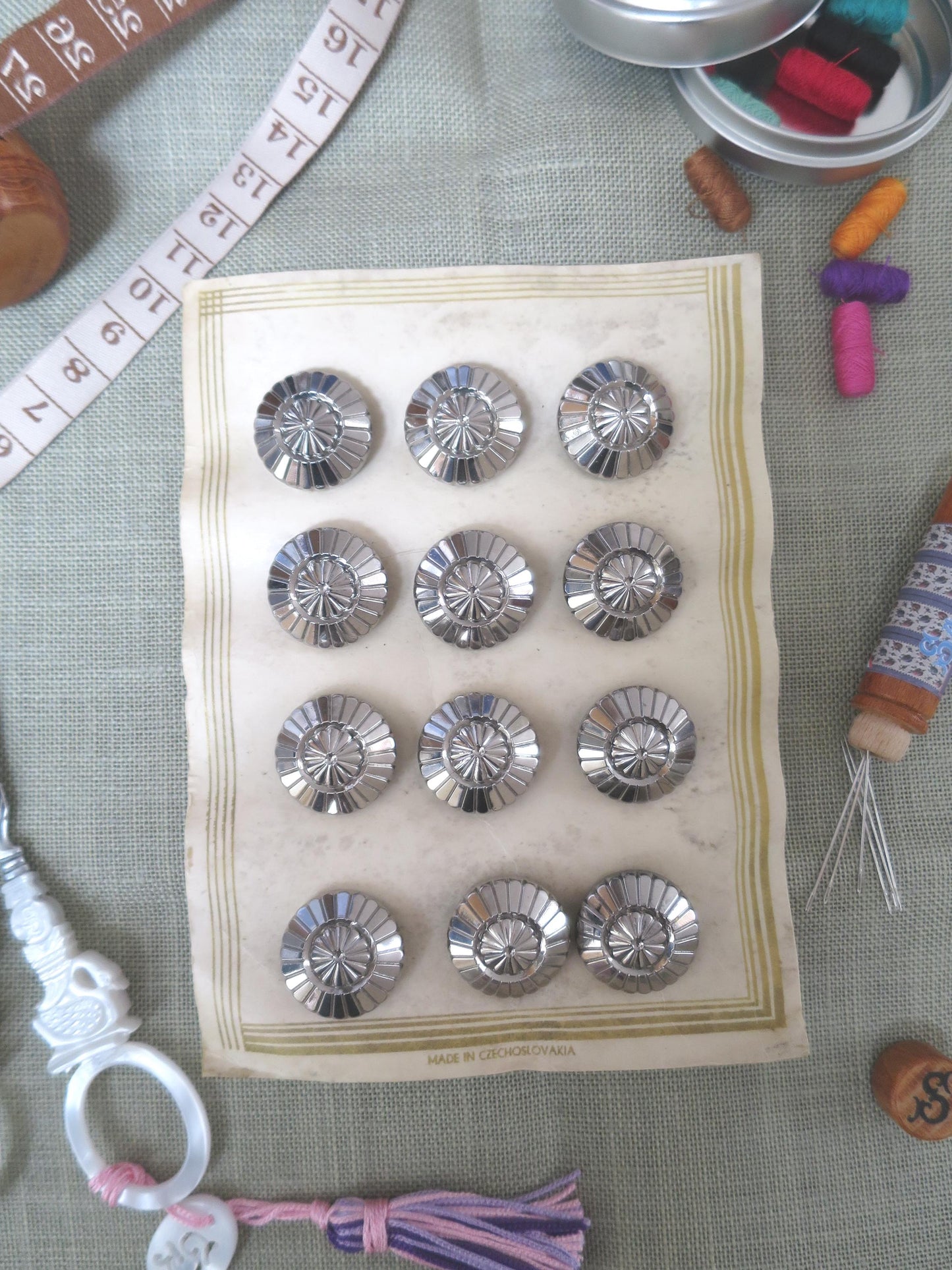 12 Antique Carded Art Deco Czechoslovakian Glass Buttons- Silver 2 Tiered Radial Design