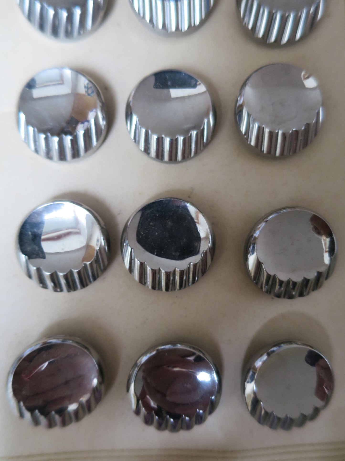 12 Antique Carded Art Deco Czechoslovakian Glass Buttons- Silver Ridged Crescent Design