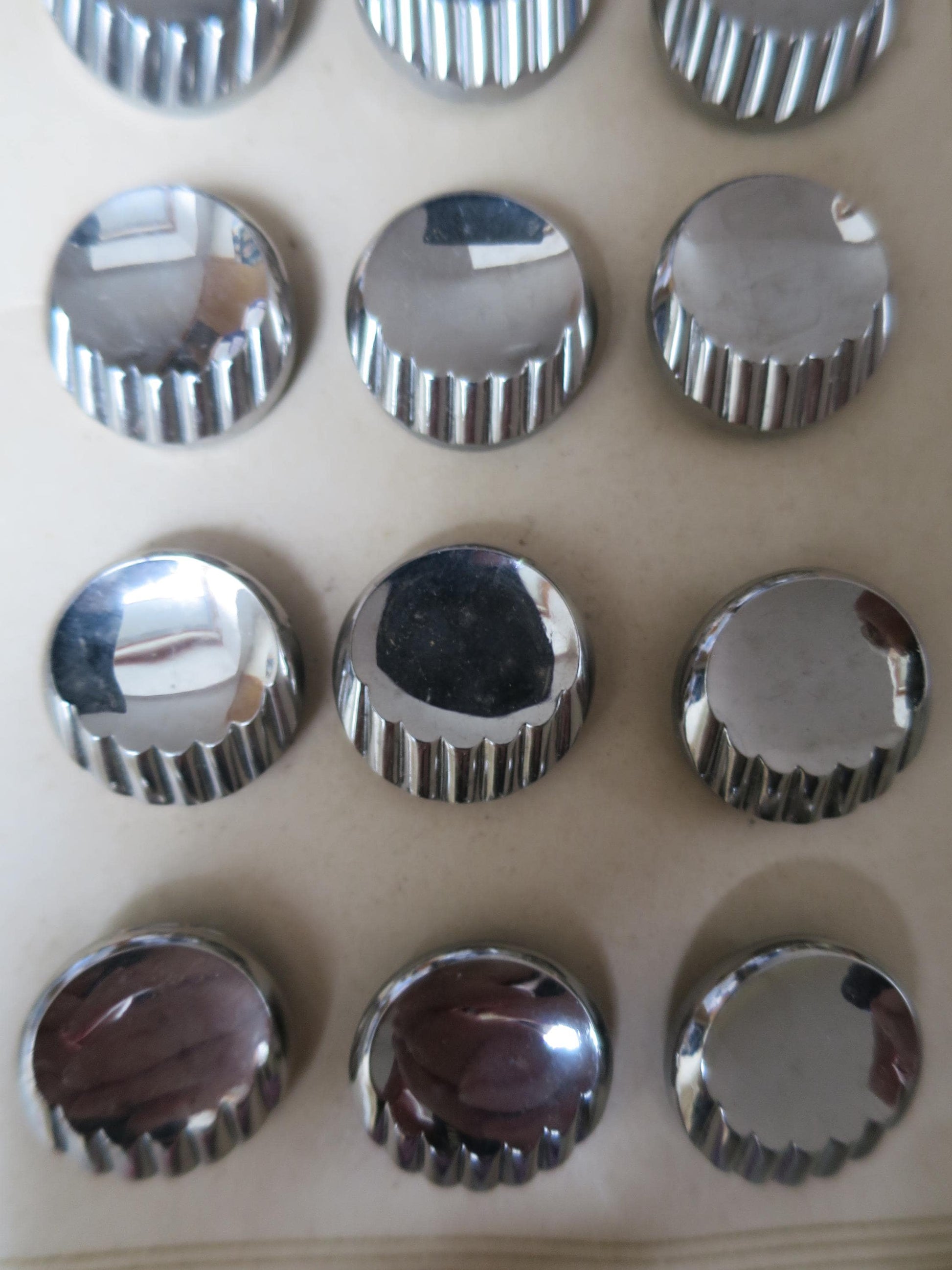 12 Antique Carded Art Deco Czechoslovakian Glass Buttons- Silver Ridged Crescent Design