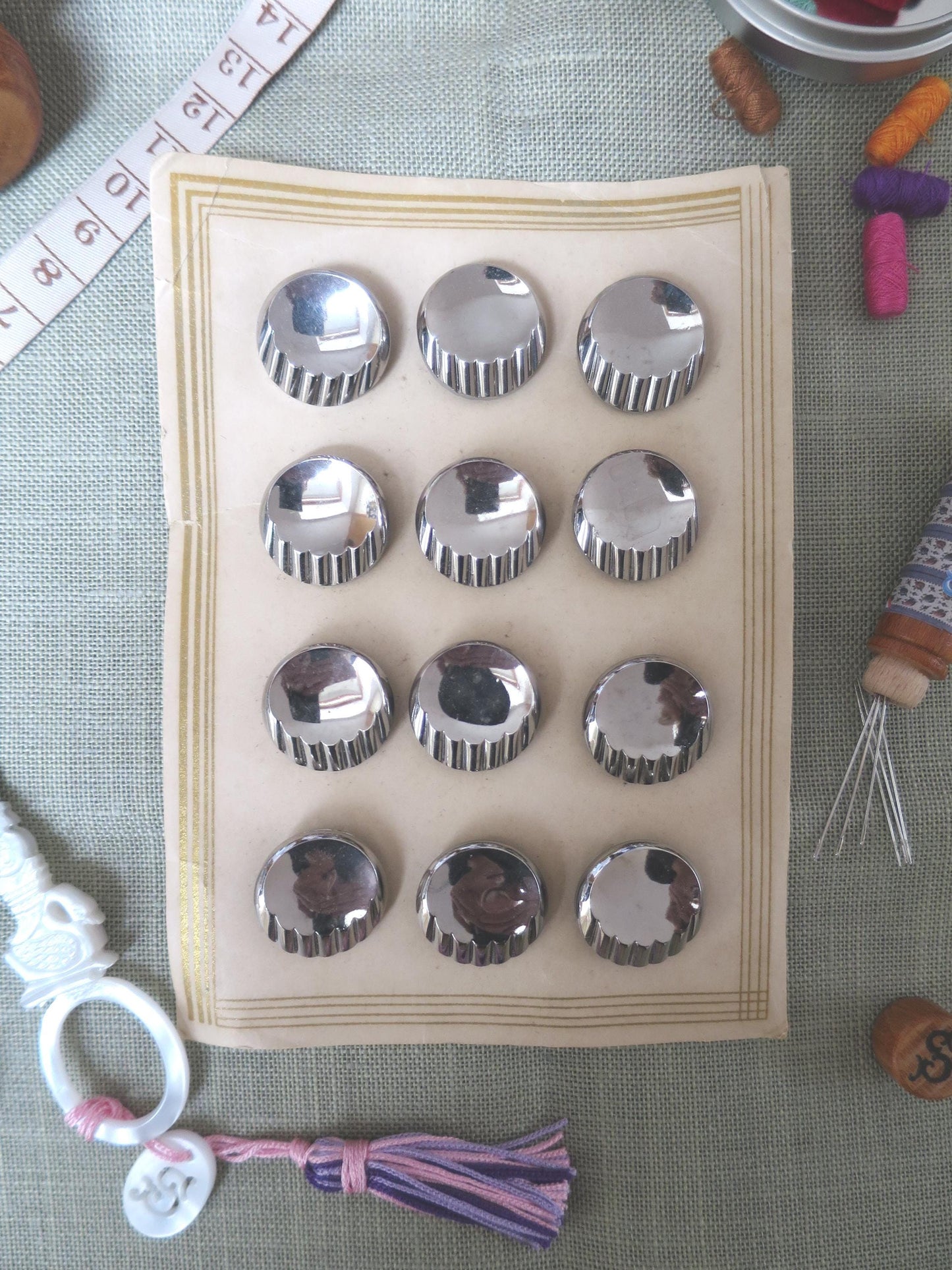 12 Antique Carded Art Deco Czechoslovakian Glass Buttons- Silver Ridged Crescent Design