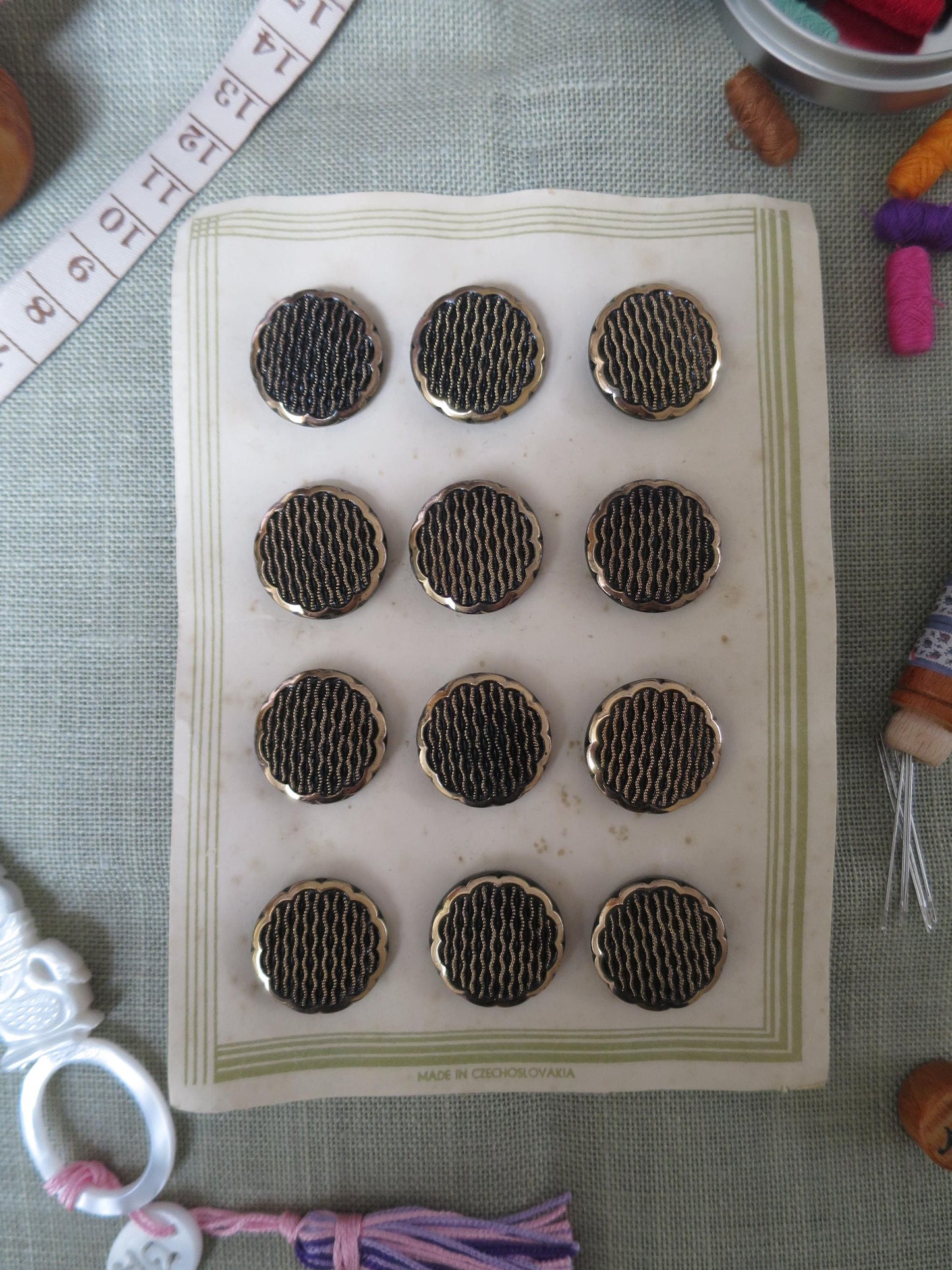 12 Antique Carded Art Deco Czechoslovakian Glass Buttons- Black & Gold- Parallel Waves Design